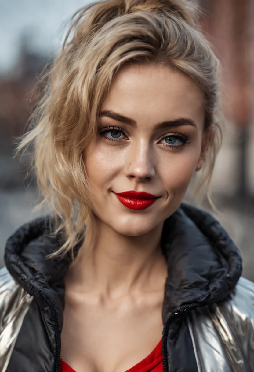 ultrarealistic high quality photo of a beautiful young tall busty european teen girl with cute face and natural blonde messy bun and beautiful smile, realistic eyes, freckles, glossy red lips, smokey eyes makeup, wearing metallic running tights and small shimmering padded jacket, full body street photography