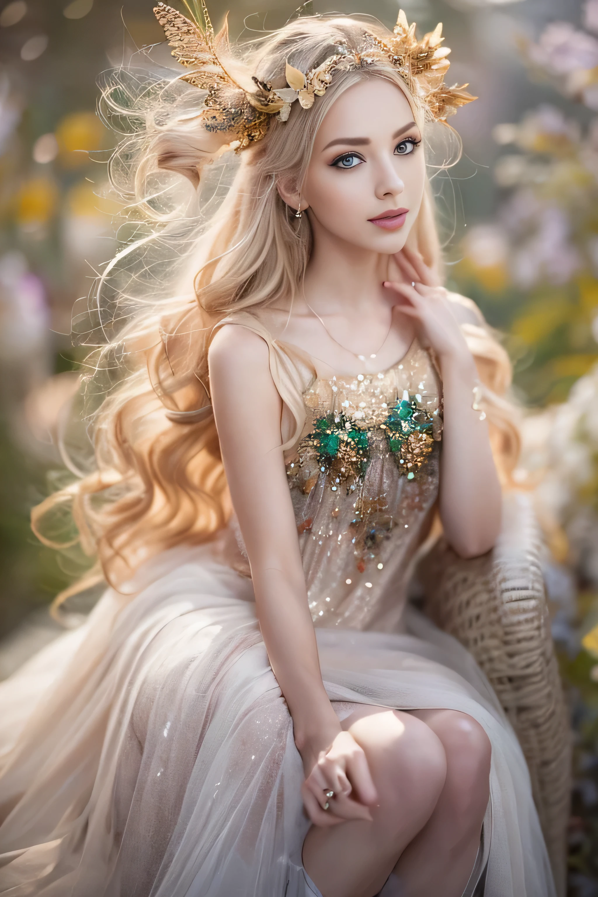 highest quality、High resolution、Super detailed、masterpiece、(Live shooting:1.5)、genuine:1.5、photogenuineistic:1.5、very delicate and beautiful、small details、(european:1.5)、(spread your legs:1.8)、Elegant and beautiful fairy portrait、She is in harmony with nature、beautiful like a fairy、Clear, glowing skin、emerald green eyes、(delicate and soft blonde hair)、light, Feather-like hair ornaments and accessories、Elegant and flowing fairy-like costume、A background that blends in with nature