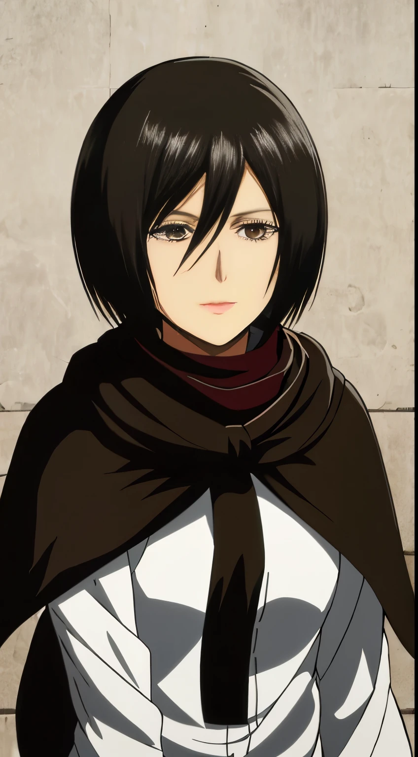 1 chica, mikasa ackerman, (pelo negro:1.3), pelo entre los ojos, cabello corto, patillas, ojos grises, bufanda granate, chaqueta cafe, labios, escote, de cerca, Solo, labios,, obra maestra, Mejor calidad,
