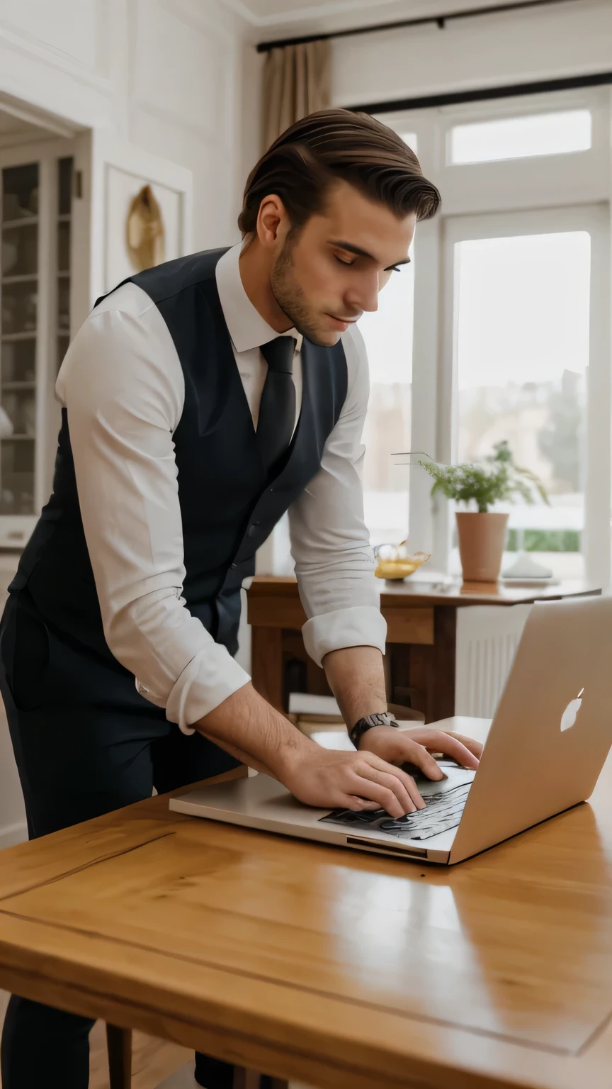 European 30-year-old elegant man, working on a laptop, table at dining room in his house
