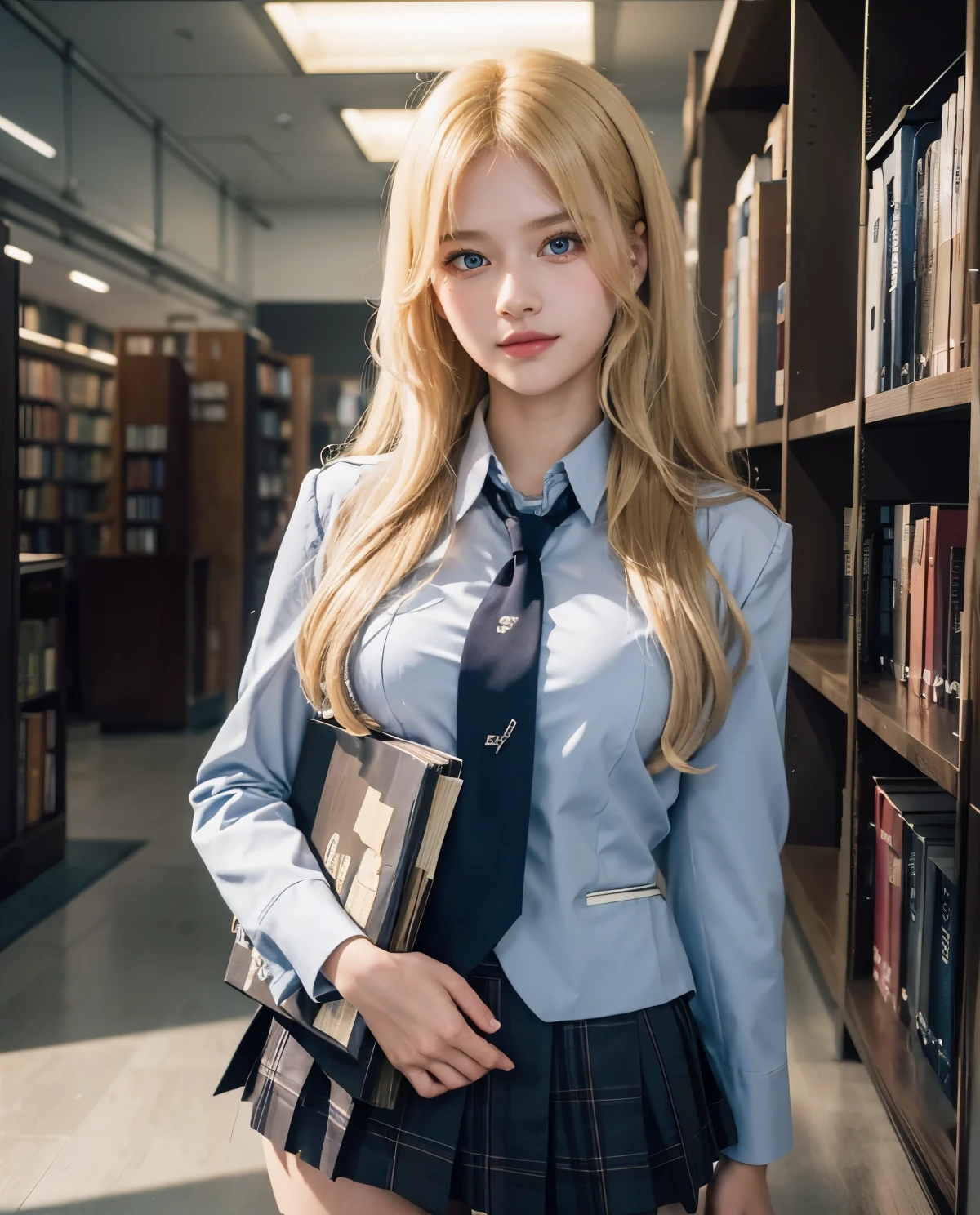 1girl, (Blue Eyes), smiling, (Sana Minatozaki), wide hips, Big , big ass, (Best Quality, 8k, Masterpiece: 1.3), Clear Focus: 1.2, Perfect Body Beauty: 1.4, Highly detailed face and skin texture, detailed eyes, double eyelids, (blonde long hair), (japanese school uniform), (Blazer uniform brown), (school shirt), (plaid skirt), (tie black), (thigh high cover stockings), in the hallways of a library, shelves with books