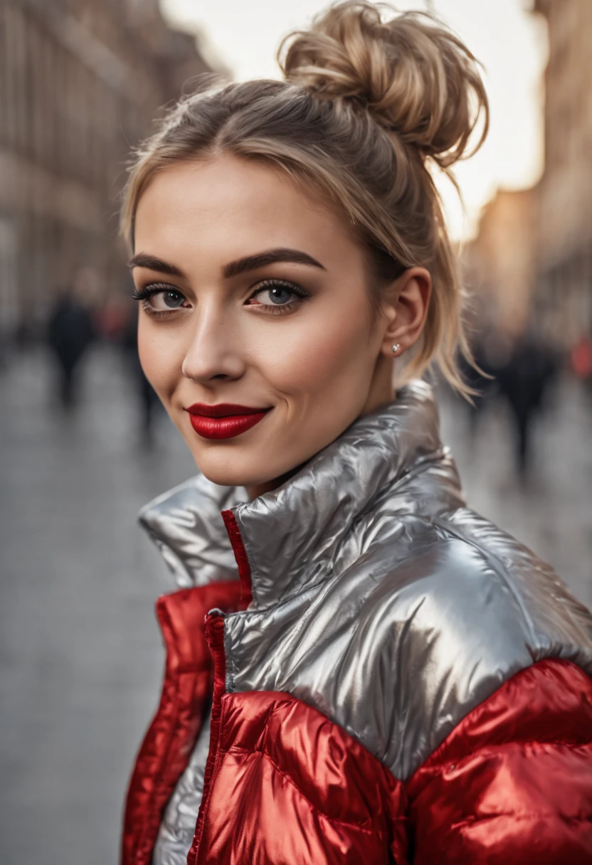 ultrarealistic high quality photo of a beautiful young tall busty european girl with cute face and natural blonde messy bun and beautiful smile, realistic eyes, freckles, glossy red lips, smokey eyes makeup, wearing metallic running tights and small shimmering padded jacket, full body street photography