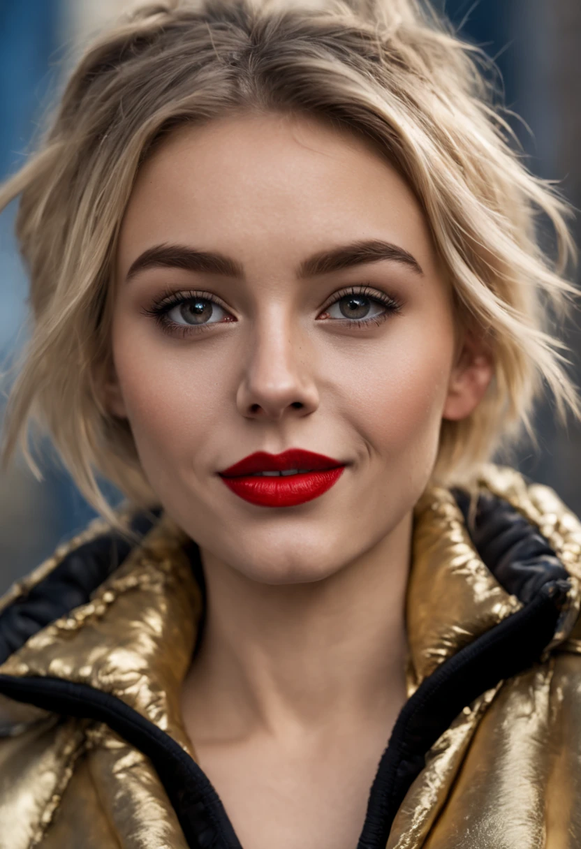 ultrarealistic high quality photo of a beautiful young tall busty european teen girl with cute face and natural blonde messy bun and beautiful smile, realistic eyes, freckles, glossy red lips, smokey eyes makeup, wearing metallic running tights and small shimmering padded jacket, full body street photography
