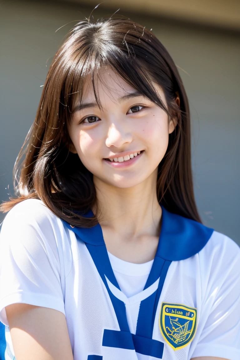 High-quality 4K、realistic depiction、professional lighting、Minami Hamabe、17-year-old high school student、beautiful skin、medium hair、black hair、natural makeup、Upper grades、wear a sports jersey、small breasts、smile、Sweaty bare skin、Filmed at school