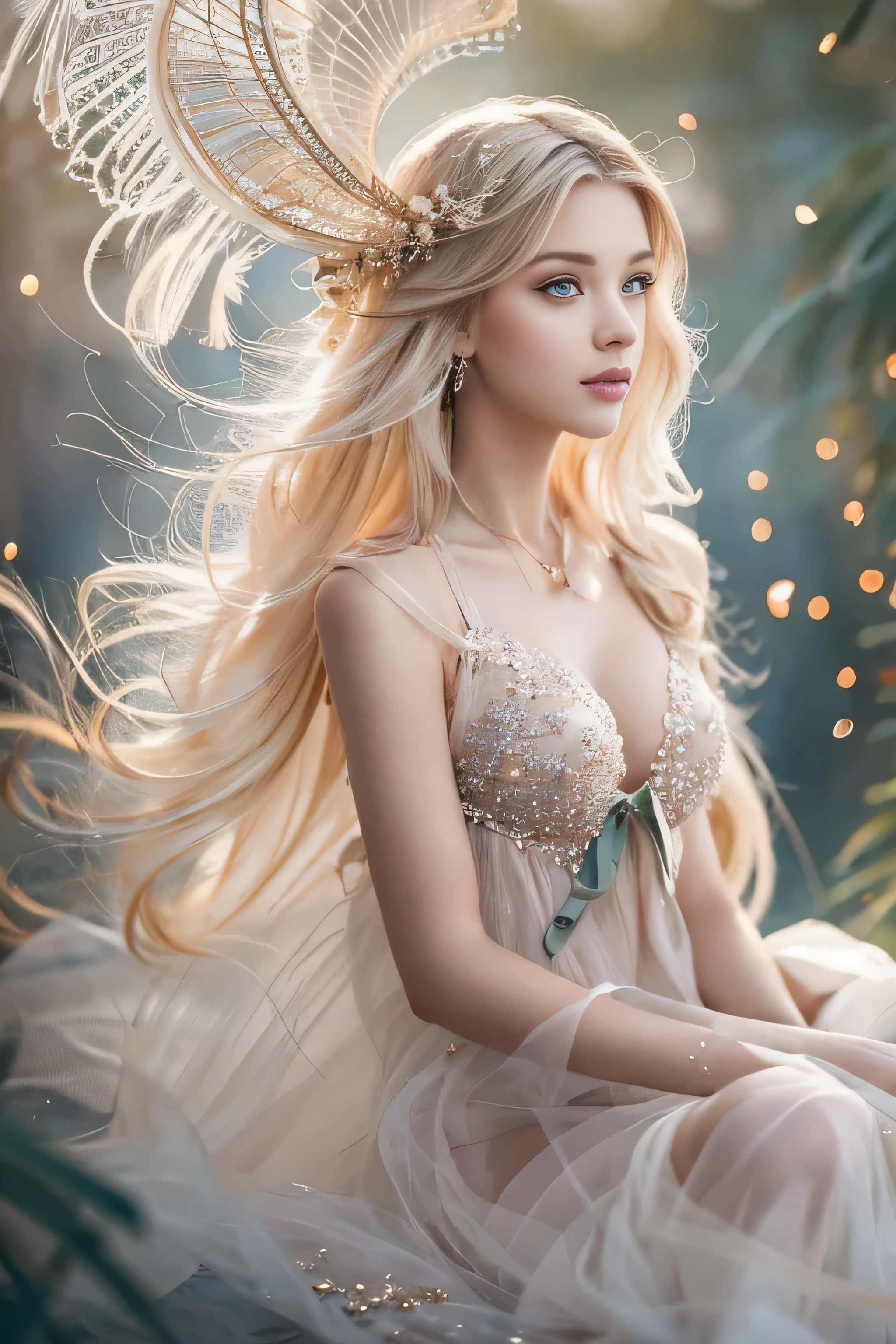 highest quality、High resolution、Super detailed、masterpiece、(Live shooting:1.5)、genuine:1.5、photogenuineistic:1.5、very delicate and beautiful、small details、(european:1.5)、(spread your legs:1.9)、Elegant and beautiful fairy portrait、She is in harmony with nature、beautiful like a fairy、Clear, glowing skin、emerald green eyes、(delicate and soft blonde hair)、light, Feather-like hair ornaments and accessories、Elegant and flowing fairy-like costume、A background that blends in with nature