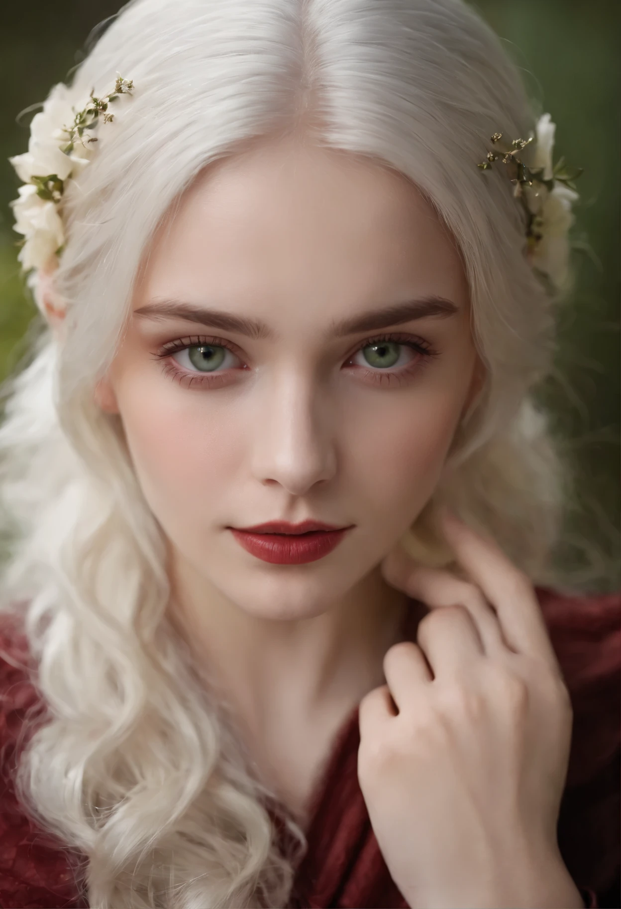 (((a deep reddish wound crosses her left cheek))) fair complexion, woman around 19 years old, natural white hair, distinctive green eyes, wearing kohl, slender and graceful, beautiful, candlelight in a medieval setting, ultra sharp focus, realistic shot, medieval female clothes, tetradic colors (scar:1.4)