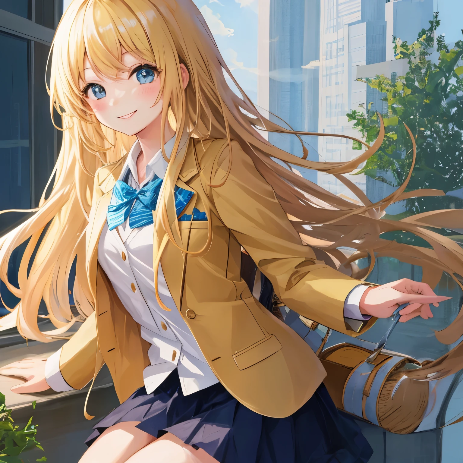 anime、blonde、cute、blazer、long hair、girl、masterpiece、smile