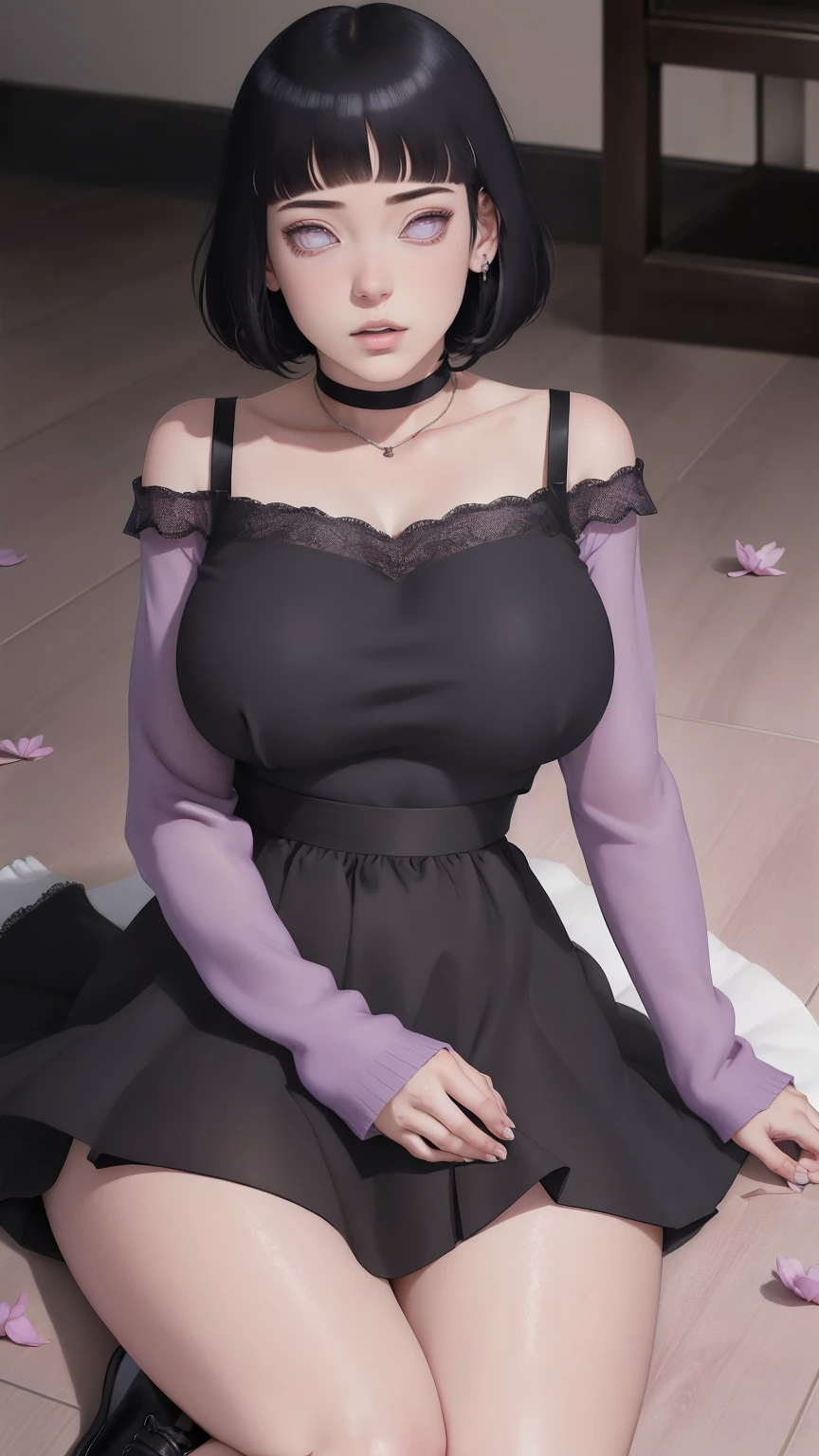 (masterpiece) (huge titusty, masterpiece, absurdres, hinata\(boruto\), 1girl, solo,mature female, off-shoulder bra, black skirt, looking at viewelling petals), perfect composition, detailed lips, big breast, beautiful face, body propotion, blush, (pink lips), short hair, (black hair), purple eyes, soft gaze, super realistic, detailed, photoshoot, realistic face and body, closed mouth, , lilac eyes, full body, lace clothes,  sittingon the floor with black shoes, perfect fingers