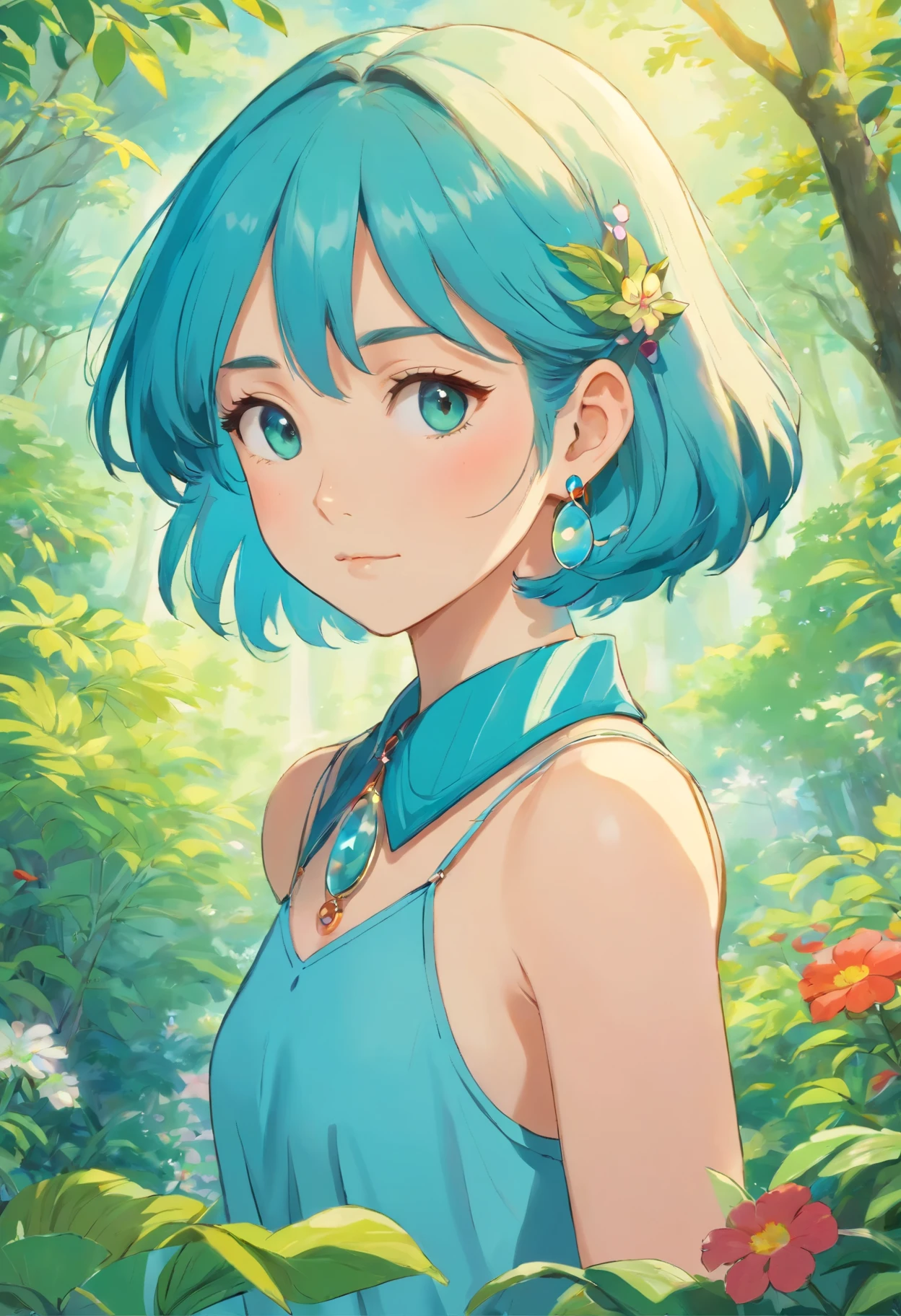 a girl wearing an anime collar, a long necklace and earrings, in the style of tranquil gardenscapes, colorful animation stills, masami teraoka, aquamarine, paul gauguin, Embry style, honest portrayal