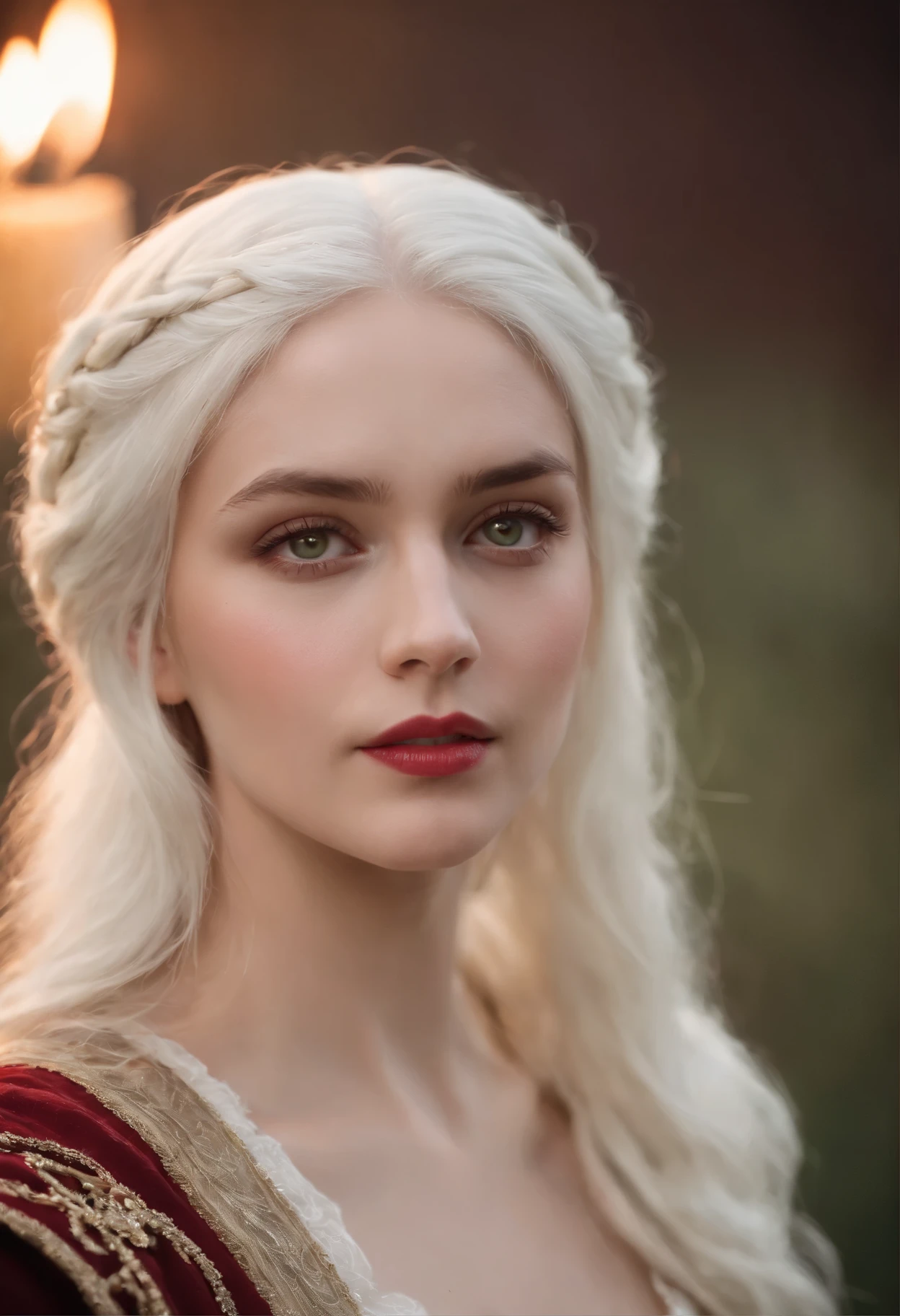 (((a deep reddish wound crosses her left cheek))) fair complexion, woman around 19 years old, natural white hair, distinctive green eyes, wearing kohl, slender and graceful, beautiful, candlelight in a medieval setting, ultra sharp focus, realistic shot, medieval female clothes, tetradic colors (scar:1.4)