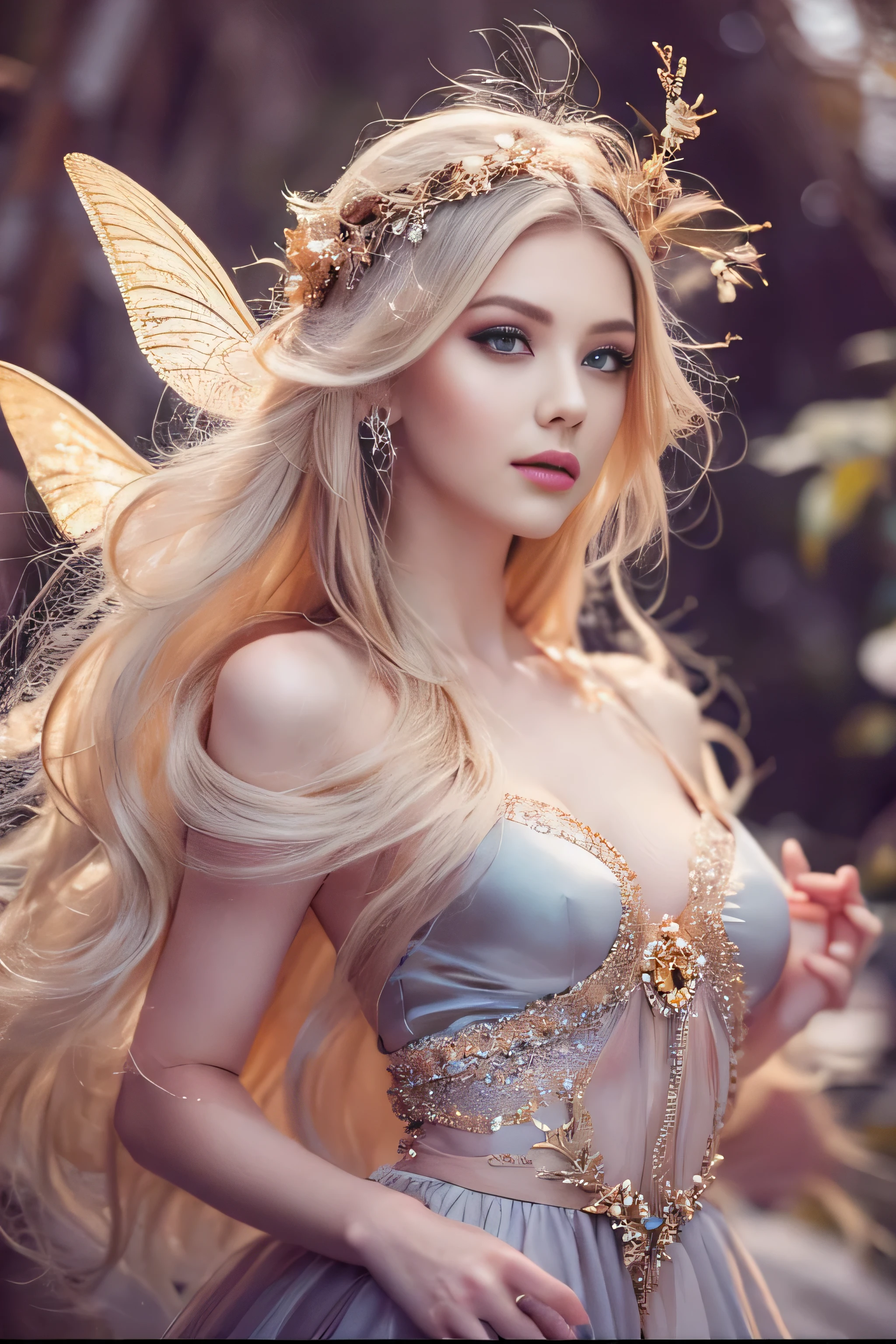 highest quality、High resolution、Super detailed、masterpiece、(Live shooting:1.5)、genuine:1.5、photogenuineistic:1.5、very delicate and beautiful、small details、(european:1.5)、(spread your legs:2)、Elegant and beautiful fairy portrait、She is in harmony with nature、beautiful like a fairy、Clear, glowing skin、emerald green eyes、(delicate and soft blonde hair)、light, Feather-like hair ornaments and accessories、Elegant and flowing fairy-like costume、A background that blends in with nature