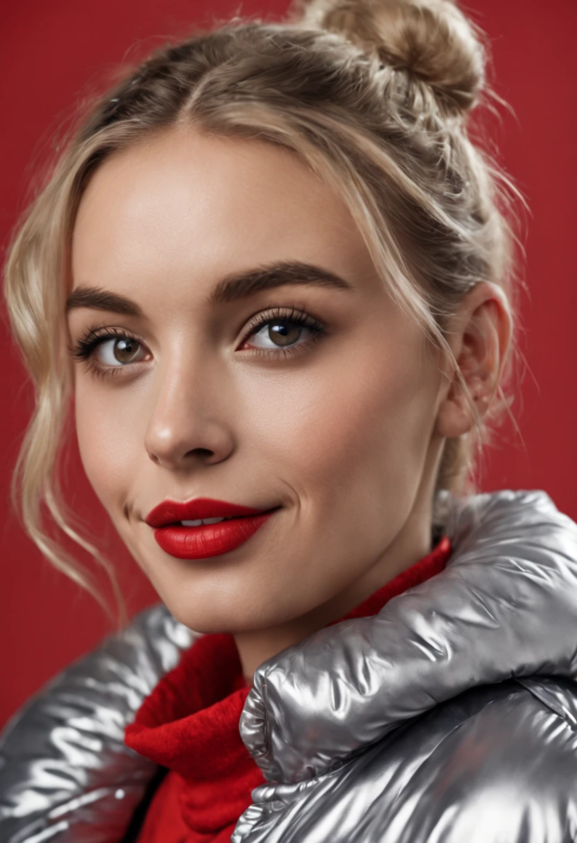 ultrarealistic high quality photo of a beautiful young tall busty european girl with cute face and natural blonde messy bun and beautiful smile, realistic eyes, freckles, glossy red lips, smokey eyes makeup, wearing metallic running tights and small shimmering padded jacket, full body street photography