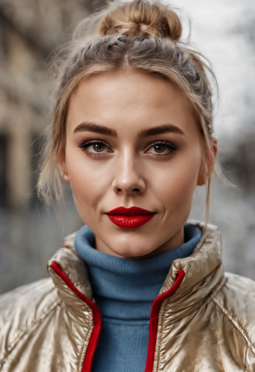 ultrarealistic high quality photo of a beautiful young tall busty european  girl with cute face and natural blonde messy bun and beautiful smile, realistic eyes, freckles, glossy red lips, smokey eyes makeup, wearing metallic running tights and small shimmering padded jacket, full body street photography