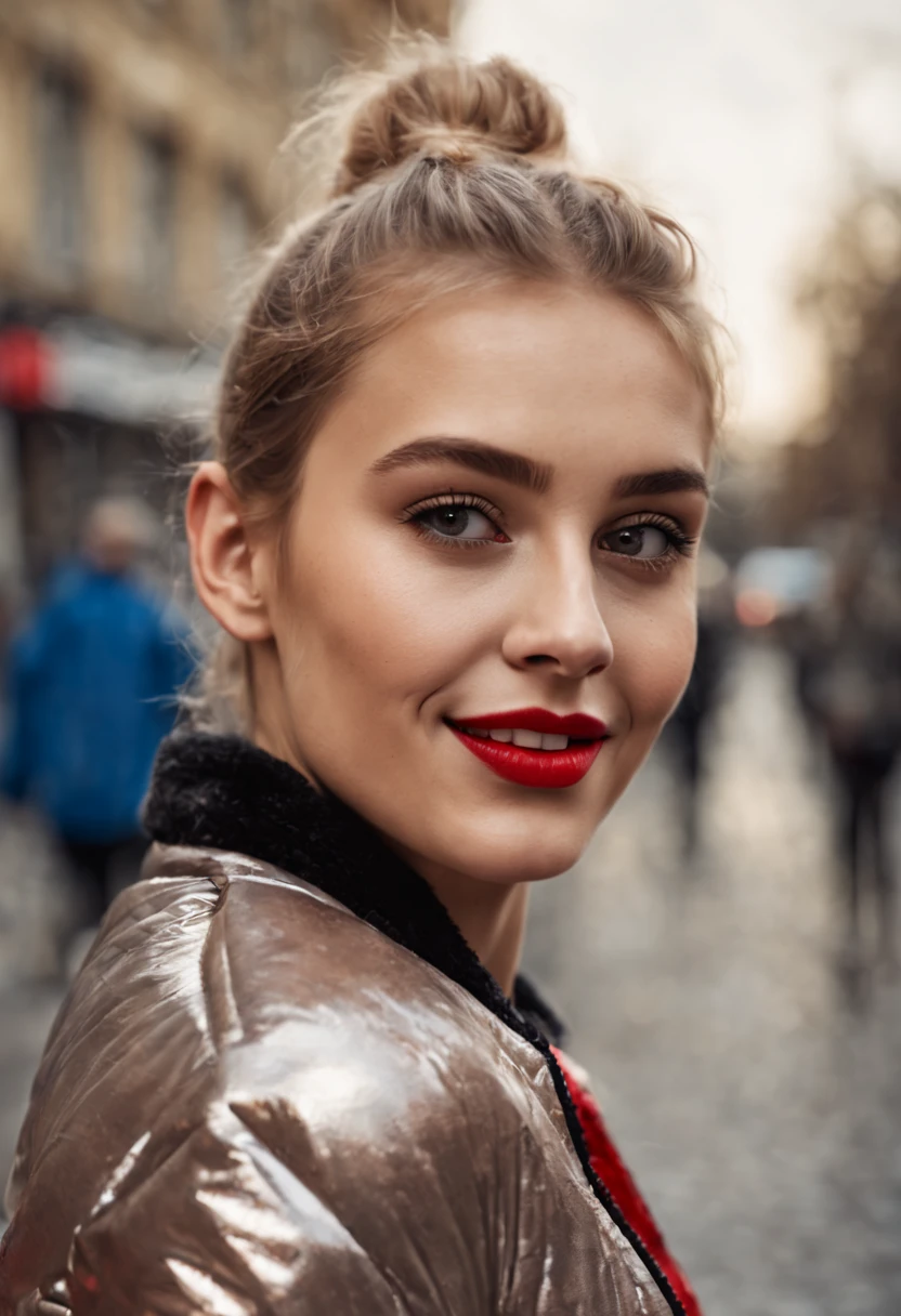 ultrarealistic high quality photo of a beautiful young tall busty european teen girl with cute face and natural blonde messy bun and beautiful smile, realistic eyes, freckles, glossy red lips, smokey eyes makeup, wearing metallic running tights and small shimmering padded jacket, full body street photography