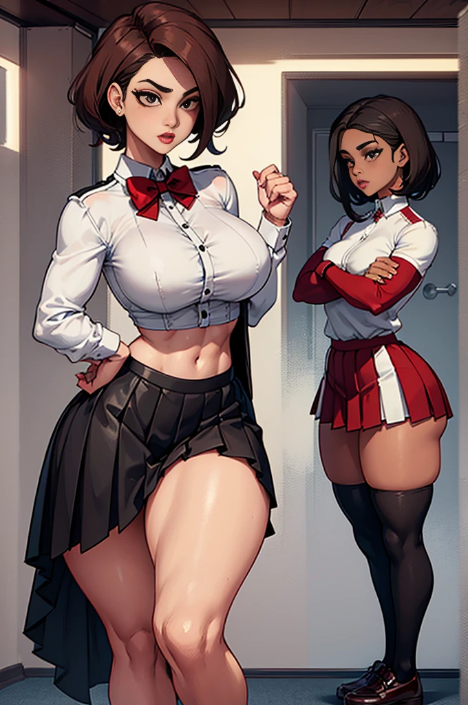 14-year-old IFBB model, white shirt, black leather bodice, white thigh socks, pleated red skirt, brown shoes, narrow waist, wide hips, thick thighs.