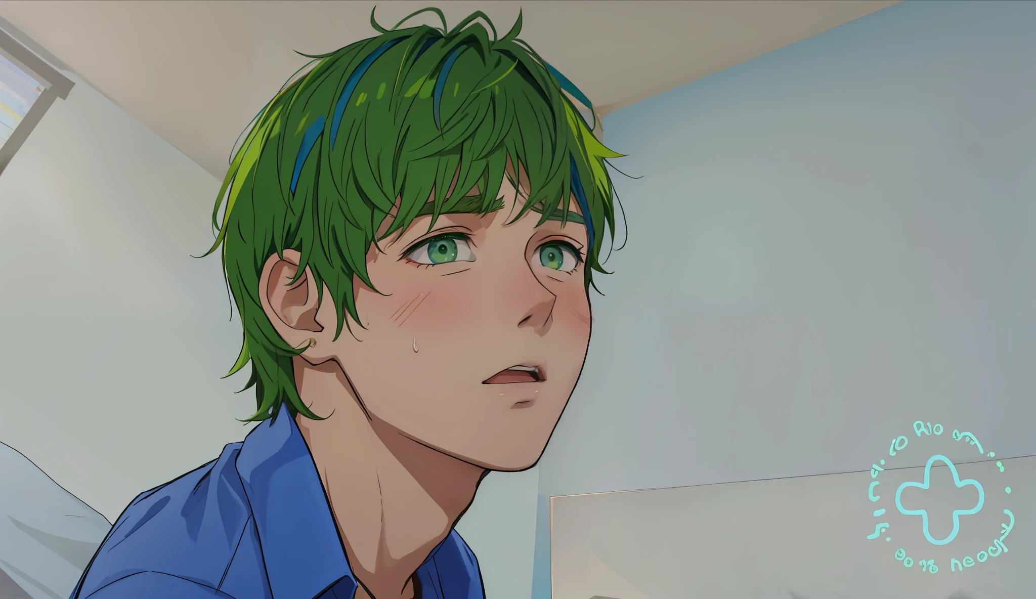 15 year old boy, green eyes, green hair and a blue shirt, surprised, somewhat scared by whoever approaches him