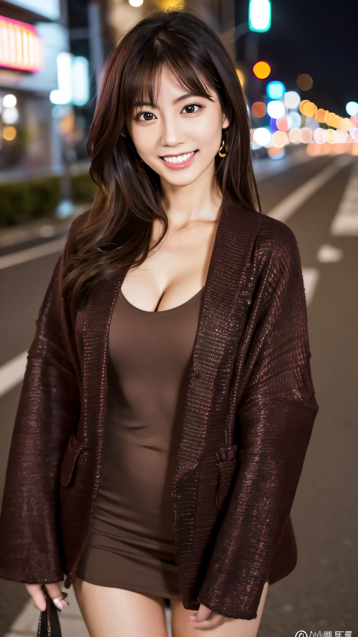highest resolution, 4K, masterpiece: 1.3), japanese mature, sexy: 1.1, fine eyes, slender body shape, realistic teeth, double eyelid, whole body, highest quality, be familiar with, feminine, In the city, night