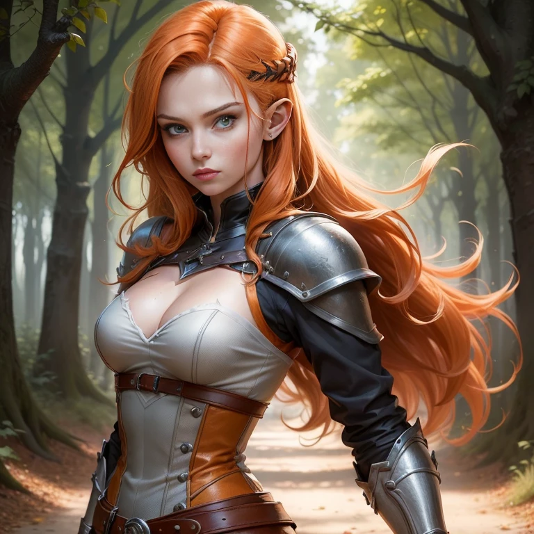 (style bande dessinée:1.5), (dessin au trait:1.35), ((torse complet)), Belle femme, Guerrier viking, manteau de fourrure, armure, cheveux roux très clair cheveux ondulés, (Seulement), réaliste, profondeur de champ, Pose dynamique, la plus haute qualité, (réaliste:0.6), elve femal with orange hair very long,perfect face,hd, inside dark forest