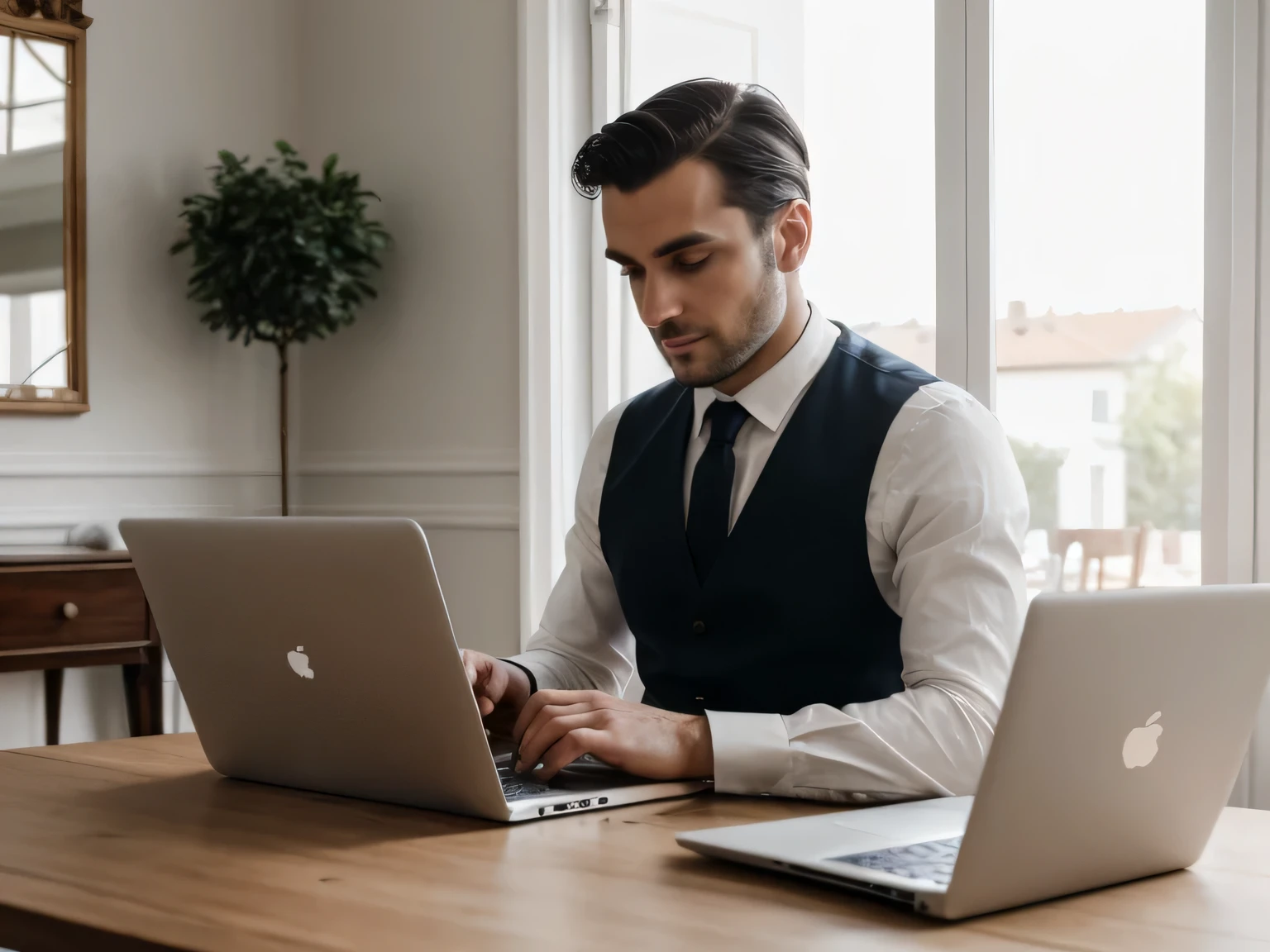 European 30-year-old elegant man, working on a laptop, table at dining room in his house