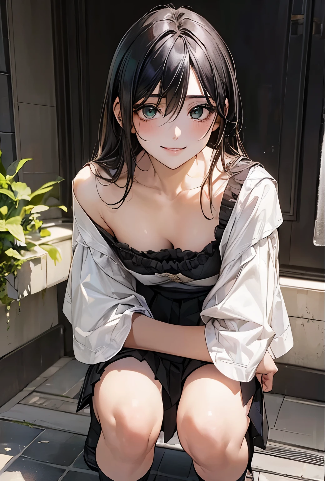 (masterpiece:1.2, highest quality), (realistic, photorealistic:1.4), beautiful illustrations, (natural side lighting, movie lighting), NSFW, looking at the viewer, panty shot, Front view:0.6, 1 girl, Japanese, high school girl, perfect face, Cute symmetrical face, shiny skin, ( black hair), hair between eyes:1.4, hair above one eye, Big eyes, emerald green eyes, droopy eyes, Long Eye Lasher, (big breasts:0.6), beautiful hair, beautiful face, beautiful and fine eyes, beautiful clavicle, beautiful body, beautiful breasts, beautiful thighs, beautiful feet, ((symmetrical clothes, fine cloth texture,, pleated skirt, black socks, public toilet, squat, (cute smile, upper eye),