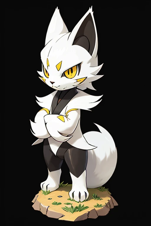 a close-up of a cartoon white wolf with yellow eyes and a black tail, a pastel of Kanō Tan'yū, trends in polycount, Mingei, new palworld, strange palworld, ground palworld, similar to pokemon, Mimikyu, mangy, pokemon Conceptual Mystery, giant cat monster, Guggimon, cute pokemon style