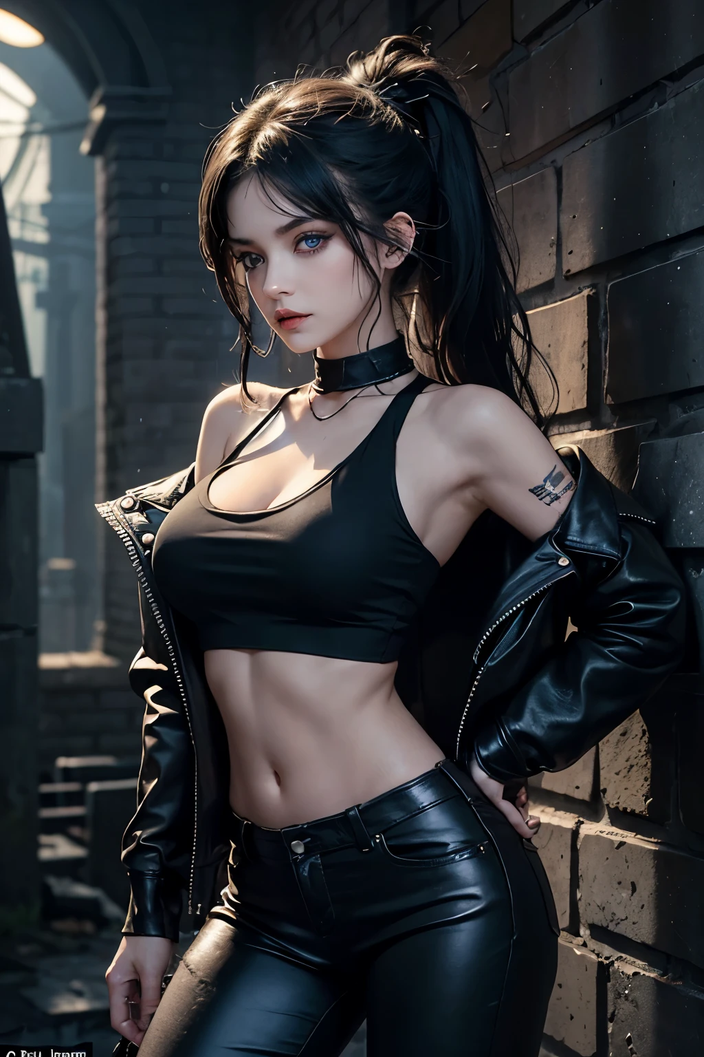 In the dimly lit room, a punk rock vampire girl stands with her back against the rough brick wall. Her long, dark hair is disheveled and messy, adorned with multiple piercings and yellowed plastic beads. Her piercing blue eyes, glowing faintly in the darkness, are thickly lined with kohl and shadow, giving her an air of mystery and allure. She wears a torn black T-shirt, revealing her muscular, sun-kissed torso and piercings on her bare midriff. A leather jacket, bedraggled and faded, hangs open around her shoulders.
Her tight leather pants, ripped at the knees, expose