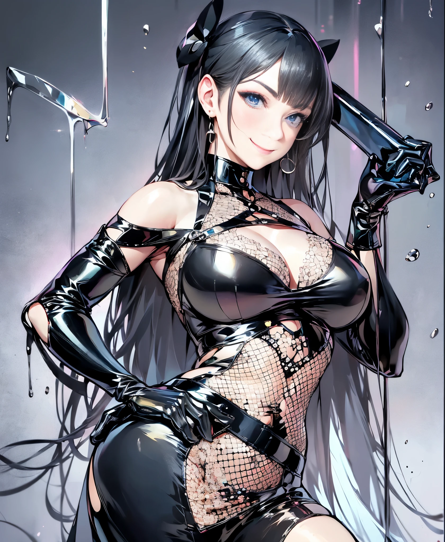 highest quality, masterpiece, attention to detail, realistic, 1 girl, beautiful hands, y, whole body, Blissful smile、black leather costume