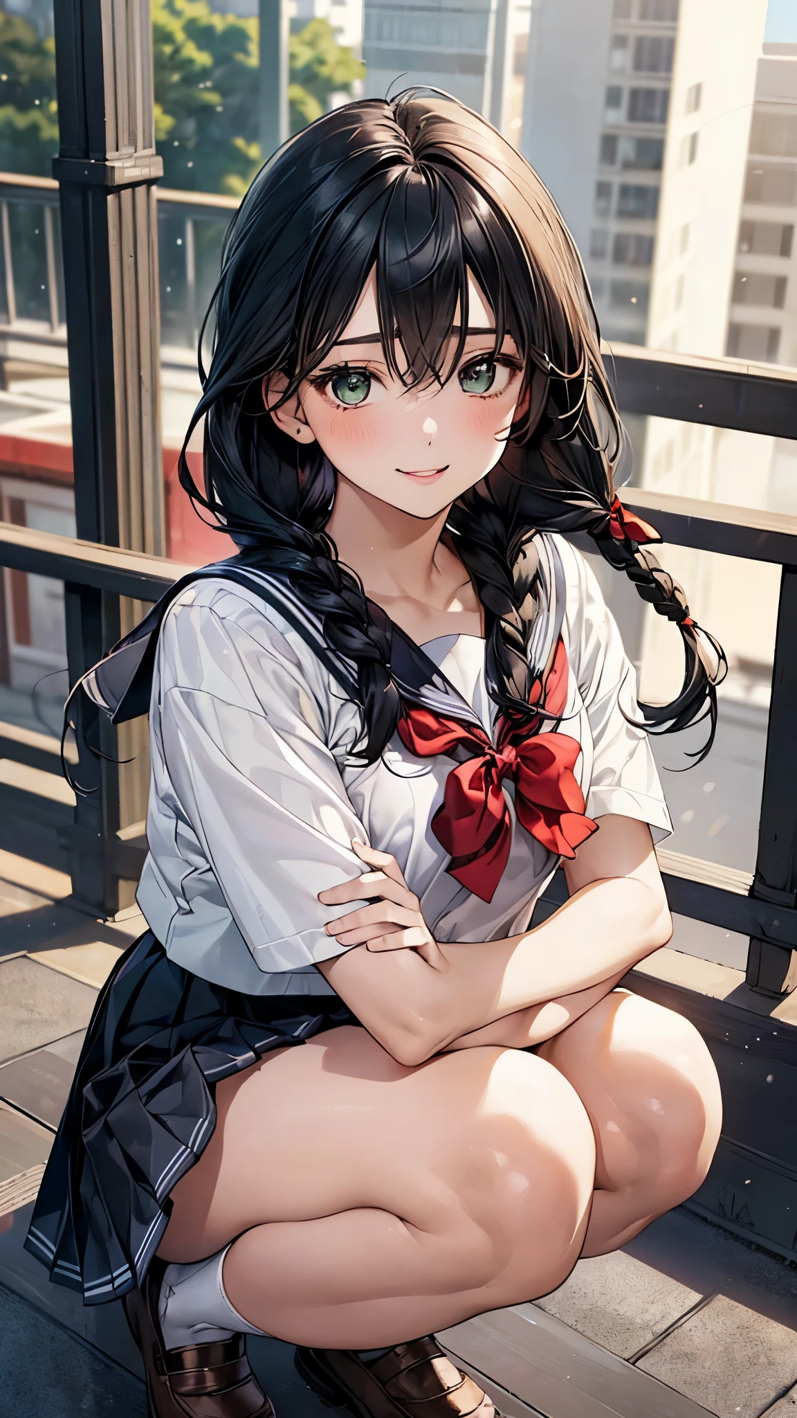 (masterpiece:1.2, top-quality), (realistic, photorealistic:1.4), beautiful illustration, (natural side lighting, movie lighting), nsfw, 
looking at viewer, panty shot, front view:0.6, 1 girl, japanese, high school girl, perfect face, cute and symmetrical face, shiny skin, 
(middle hair:1.4, twin braids:1.2, black hair), hair between eyes:1.1, hair over one eye:1.3, big eyes, emerald green eyes, drooping eyes, long eye lasher, (large breasts:0.6), 
beautiful hair, beautiful face, beautiful detailed eyes, beautiful clavicle, beautiful body, beautiful chest, beautiful thighs, beautiful legs, 
((symmetrical clothing, detailed cloth texture, short sleeves cute sailor suit, pleated skirt, red bow tie)), black socks, hair tie,
(beautiful scenery), morning, school rooftop, squatting, (lovely smile, upper eyes), 