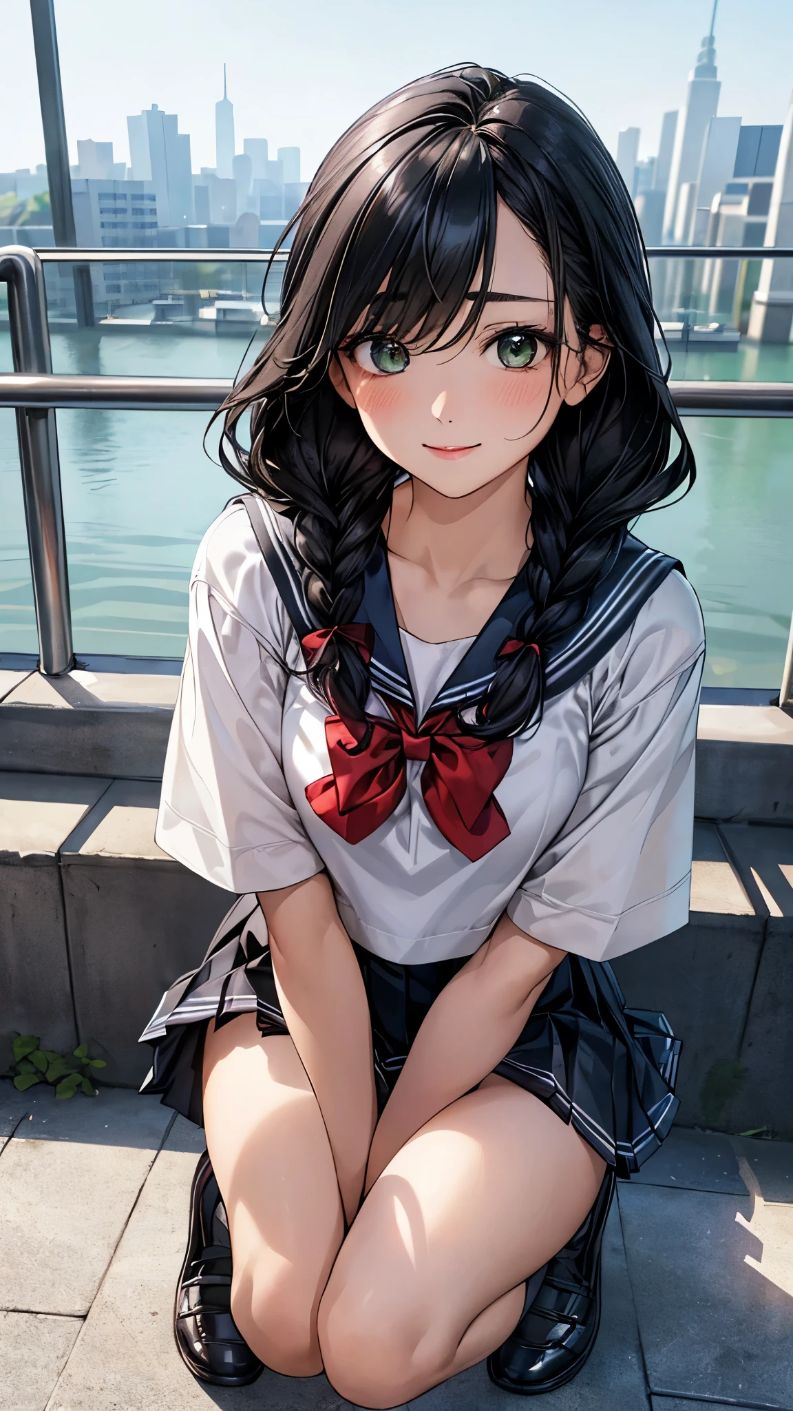 (masterpiece:1.2, top-quality), (realistic, photorealistic:1.4), beautiful illustration, (natural side lighting, movie lighting), nsfw, 
looking at viewer, panty shot, front view:0.6, 1 girl, japanese, high school girl, perfect face, cute and symmetrical face, shiny skin, 
(middle hair:1.4, twin braids:1.2, black hair), hair between eyes:1.1, hair over one eye:1.3, big eyes, emerald green eyes, drooping eyes, long eye lasher, (large breasts:0.6), 
beautiful hair, beautiful face, beautiful detailed eyes, beautiful clavicle, beautiful body, beautiful chest, beautiful thighs, beautiful legs, 
((symmetrical clothing, detailed cloth texture, short sleeves cute sailor suit, pleated skirt, red bow tie)), black socks, hair tie,
(beautiful scenery), morning, school rooftop, squatting, (lovely smile, upper eyes), 