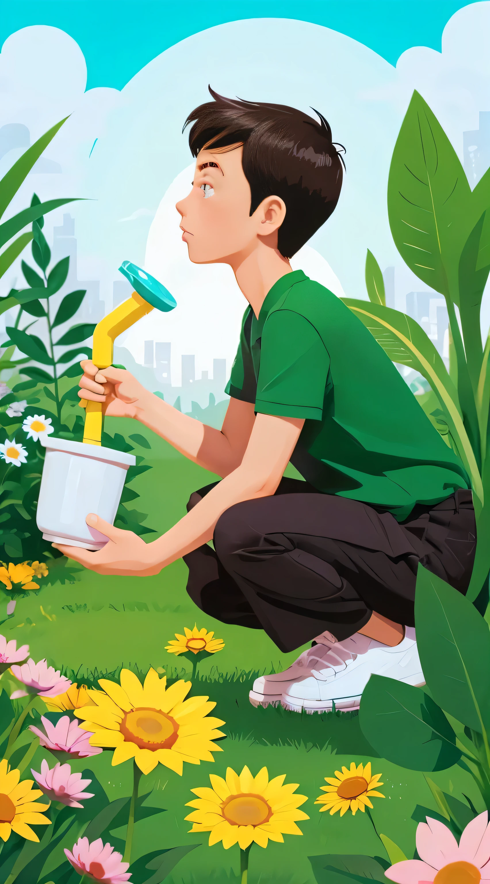 There is a middle-aged man and a watering plants, children's book illustration, children's book illustration, children's book illustration, commercial illustration, children's book illustration, flat illustration, detailed 2D illustration, 2D illustration, 2D illustration, children's book illustration, children's book illustration, illustration, children's illustration, professional illustration