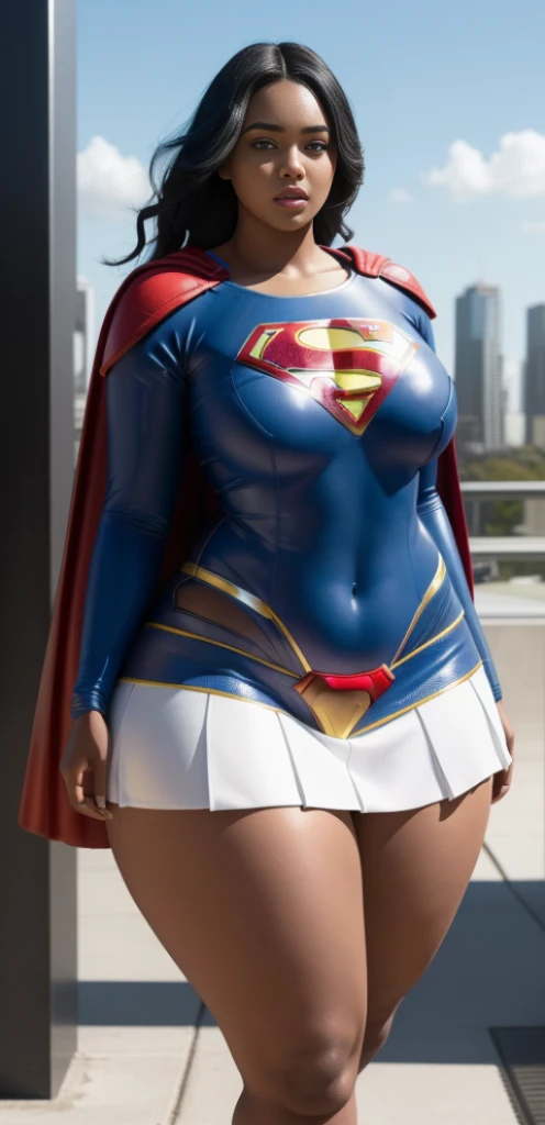 "An ultra-detailed 8k masterpiece of better quality and well-focused high saturation. Image features an outfit illustration featuring a beautiful plus size black woman wearing a super tight and sexy white and blue Supergirl miniskirt costume, incluindo um fundo azul, pernas longas, (corpo todo:1.2), (peitos grandes:1.2)."