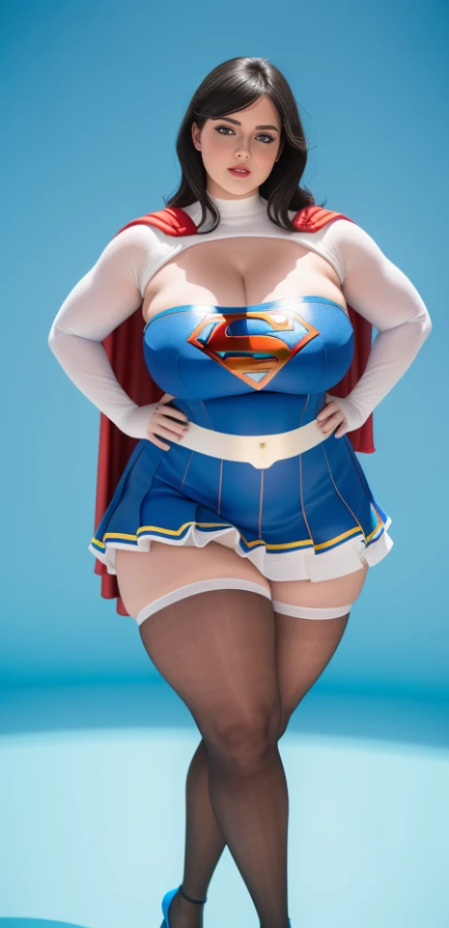 "An ultra-detailed 8k masterpiece of better quality and high saturation well focused. The image features an outfit illustration featuring a stunning plus size European woman wearing a super tight sexy white and blue supergirl mini skirt costume, including a blue background, long legs, black hair, (MILF:1.3)."