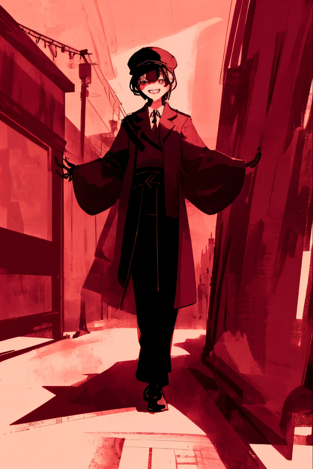Best Work, Black hair, Red eyes, Black hair, Best quality, Super detailed illustration, Postman Hat, japanese clothes guy, purple and dark tones Dramatic shadows, nervous, Closed mouth,, (monochrome:1.1), smile, fangs, Sketch, grin, full length