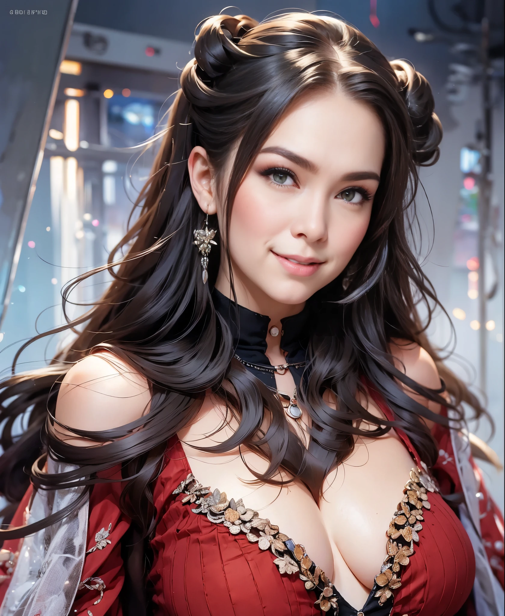 highest quality, masterpiece, attention to detail, realistic, 1 girl, beautiful hands, sexy, whole body, Blissful smile、red shiny dress、cleavage:1.8