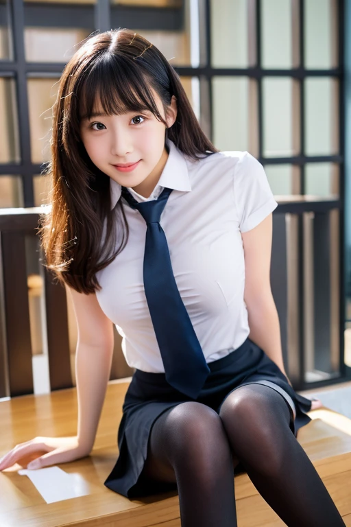 perfect dynamic composition、Cute girl in high school、bold sexy pose、black tights、uniform、small breasts、shirt