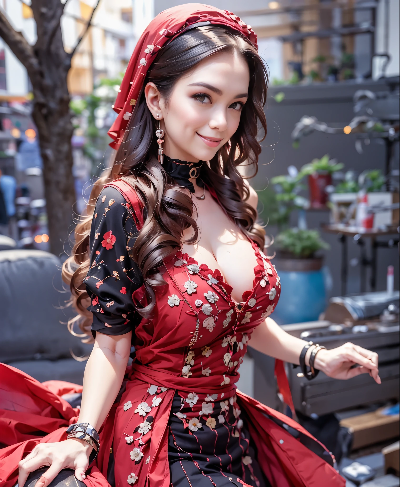 highest quality, masterpiece, attention to detail, realistic, 1 girl,big breasts:1.8、 beautiful hands, sexy, whole body, Blissful smile、red shiny dress、cleavage:1.8