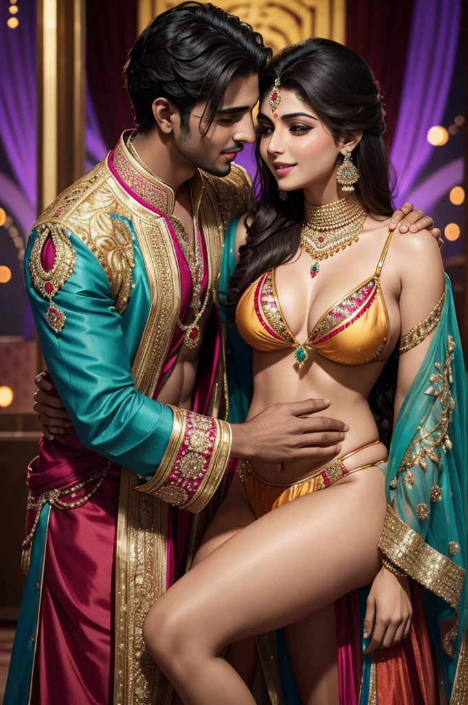 a young handsome guy (fully clothed) in a royal sherwani kissing and grabbing the waist and thighs of a beautiful cute fair hot Indian princess (adorned in vibrant jewelry and wearing sexy bikini) while celebrating diwali