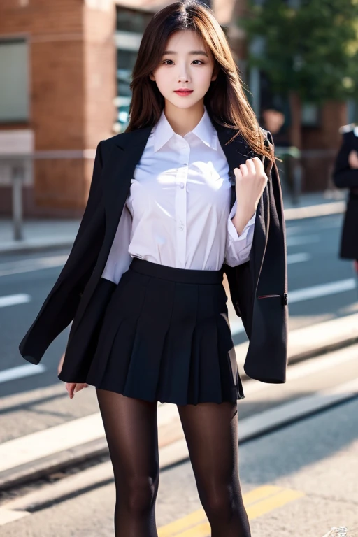 perfect dynamic composition、20 year old pretty girl、bold sexy pose、black tights、uniform、small breasts、shirt
