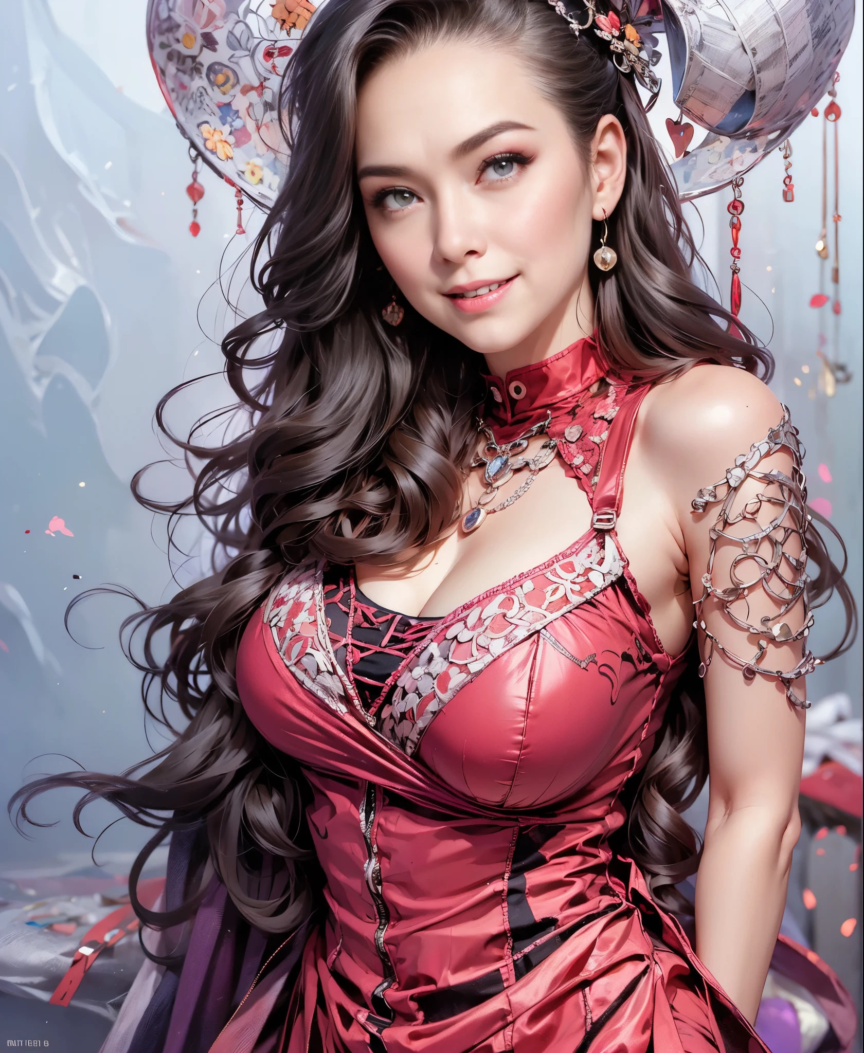 highest quality, masterpiece, 8k、Glossy skin、attention to detail, realistic, 1 girl、super big breasts、My chest is about to burst、 beautiful hands, sexy, whole body, Blissful smile、red shiny close-fitting dress、cleavage:2.8