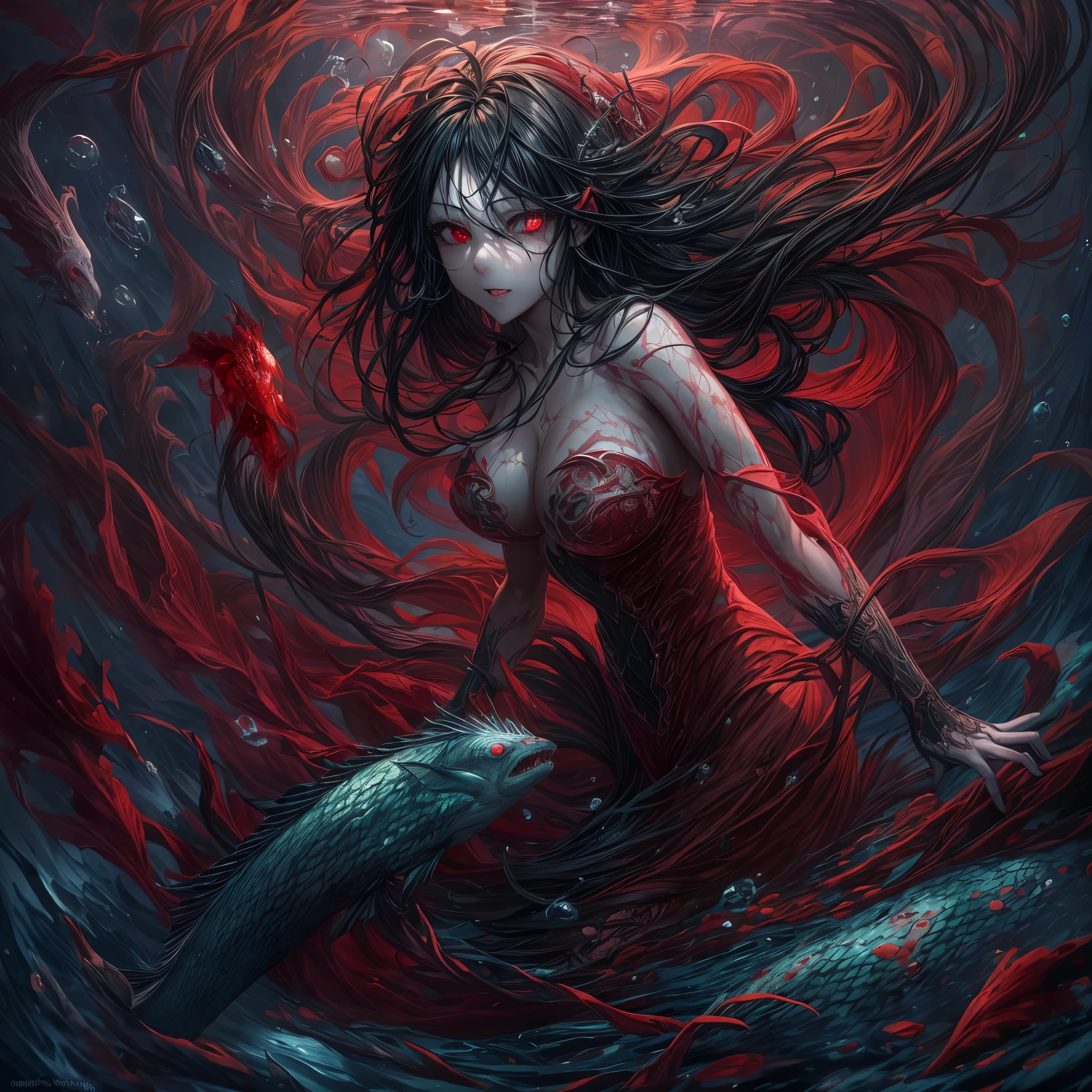 high details, best quality, 16k, [ultra detailed], masterpiece, best quality, (extremely detailed), full body, ultra wide shot, RAW, photorealistic, dark fantasy art, dnd art, rpg art, realistic art, an ultra wide picture of a vampiric mermaid (1.5 intricate details, Masterpiece, best quality) blood mage casting ((blood control spell)), blood wizard ((blood magic, intense magic details)), ((controlling a swirling mass of blood)) underwater, magical symbols GlowingRunes_pink, female vampiric mermaid, pale skin, black hair, long hair, swirling hair, lower body tail fin, intense eyes, red eyes, small (( red eyes)), ((glowing eyes)), wearing sea shell clothing, beautiful dark mermaid, underwater background, rich underwater life, ((magical atmosphere)), fish and sea weeds, high details, best quality, highres, ultra wide angle