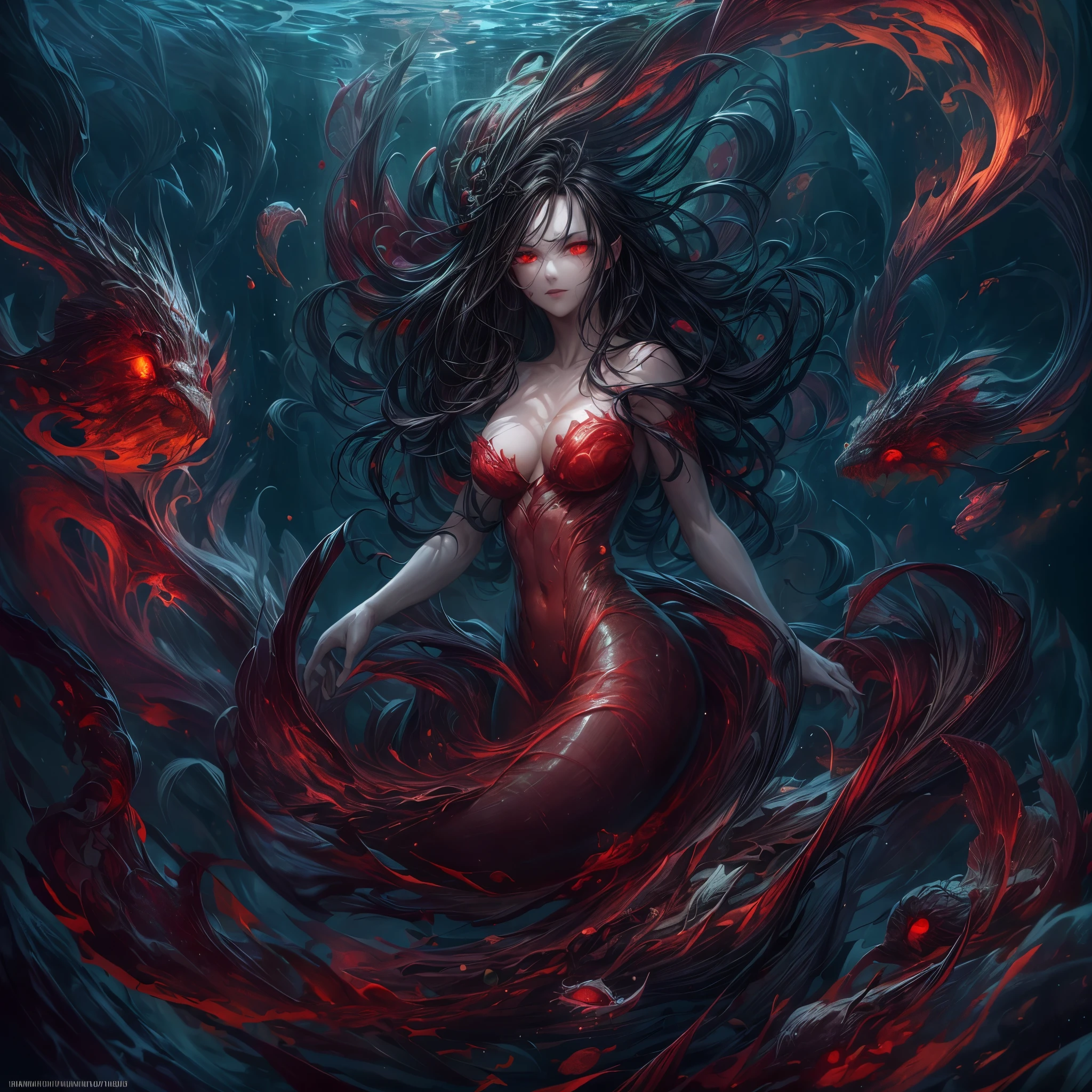 high details, best quality, 16k, [ultra detailed], masterpiece, best quality, (extremely detailed), full body, ultra wide shot, RAW, photorealistic, dark fantasy art, dnd art, rpg art, realistic art, an ultra wide picture of a vampiric mermaid (1.5 intricate details, Masterpiece, best quality) blood mage casting ((blood control spell)), blood wizard ((blood magic, intense magic details)), ((controlling a swirling mass of blood)) underwater, magical symbols GlowingRunes_pink, female vampiric mermaid, pale skin, black hair, long hair, swirling hair, lower body tail fin, intense eyes, red eyes, small (( red eyes)), ((glowing eyes)), wearing sea shell clothing, beautiful dark mermaid, underwater background, rich underwater life, ((magical atmosphere)), fish and sea weeds, high details, best quality, highres, ultra wide angle