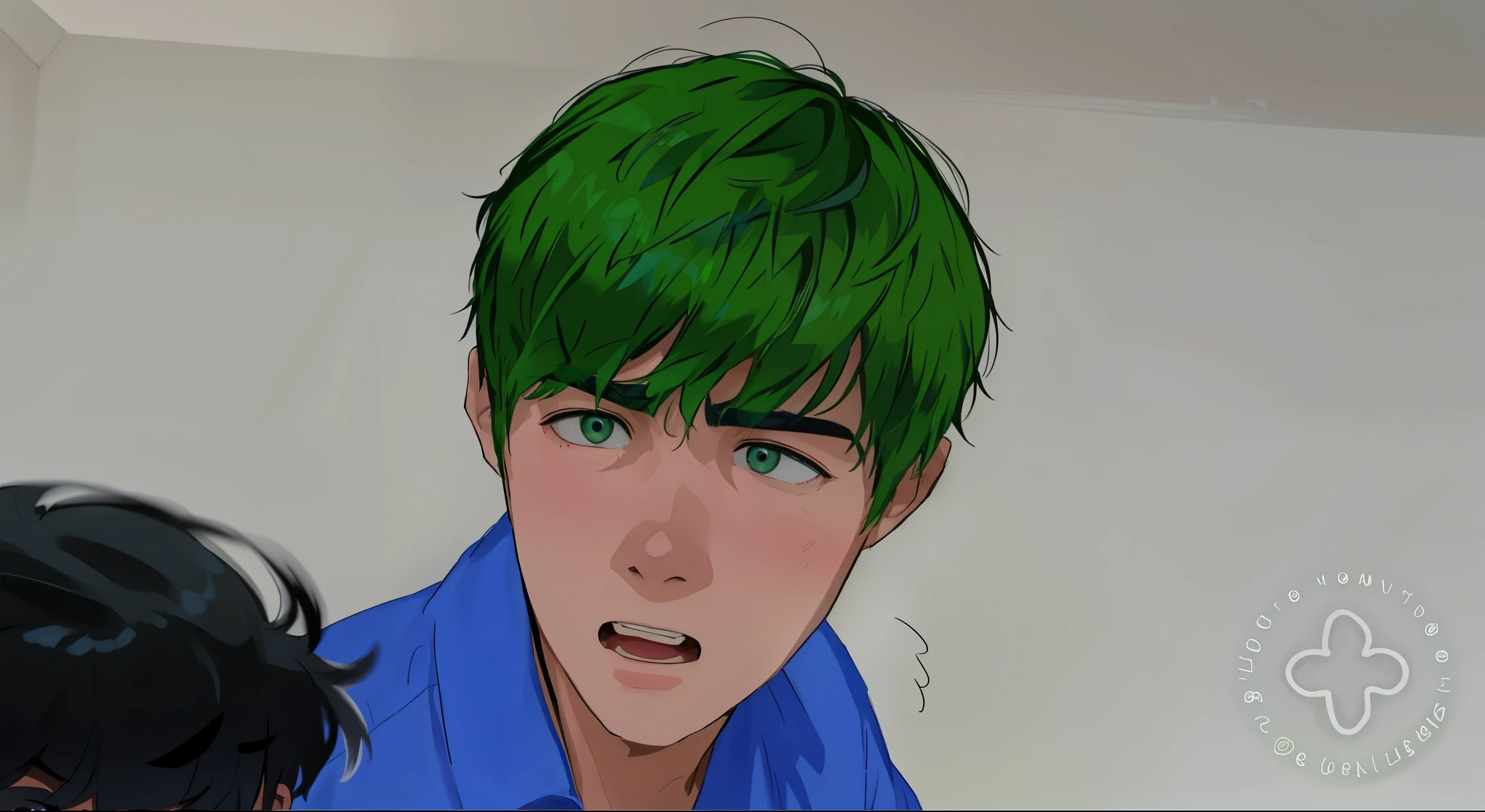 15-year-old boy with dark green hair and a blue shirt is surprised, scared and looks fearfully at his friend