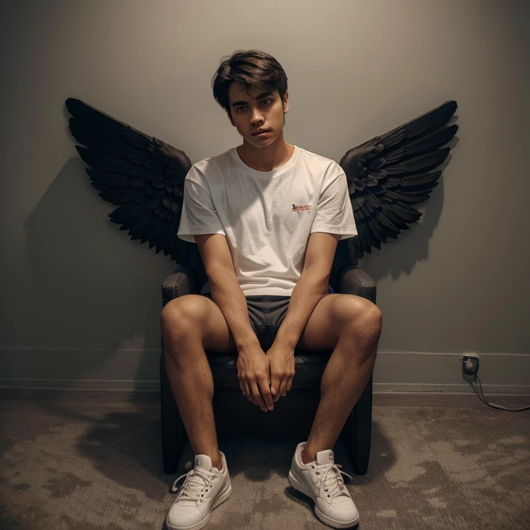 SHIRT] - "Create a 3D illusion for a profile picture where a 18 Year old cute boy in a white shirt Sitting casually on a Wingback chair. Wearing sneakers, he looks ahead. The background features "Abubakar Meher" in big and capital Orange neon light fonts on the dark grey wall. There should not be his shadow, and there are wings to make it appear as if he is an angel.."



