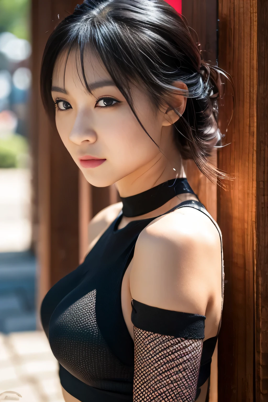 (masterpiece)、crimson ninja,sexy pose,,thin,glowing skin,beautiful face,double eyelid,cool face,medium hair,black hair,black eye,Mountain,Mysterious,high quality,realistic,Beautiful woman,gravure,adult woman,Japanese,Fishnet tights、no makeup、