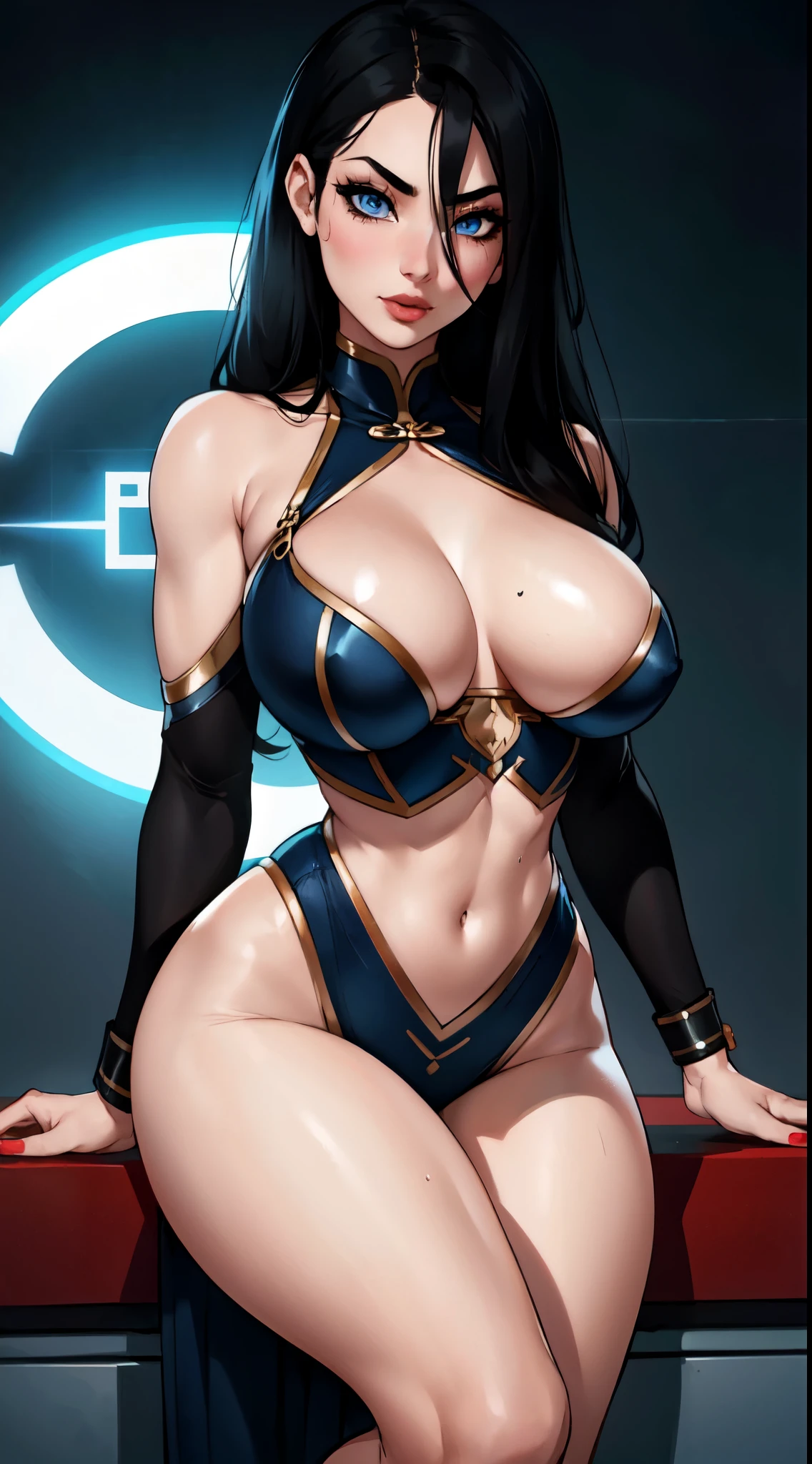 A (Chinese) female, with long dark (black) hair, blue eyes, pale (grey skin), (athletic), tall woman, (alluring fighter), (cute) martial-arts garb, (humanoid) alien, (Sci-fi) fantasy, (close-up shot), perfect composition, hyper-detailed, 8K, high quality, (perfect eyes), trending art, sharp focus, studio photo, intricate details, (Pin-up) pose