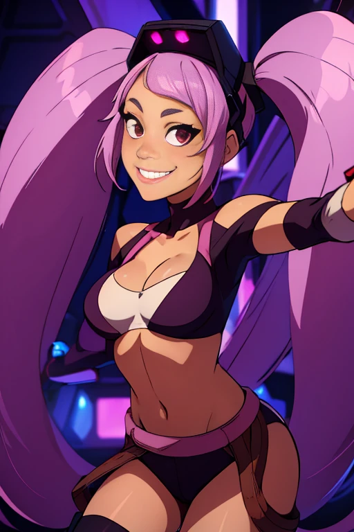 ((masterpiece,best quality)), absurdres, Entrapta_Shera, solo, twintails, smiling, looking at viewer, cowboy shot, cinematic composition, dynamic pose