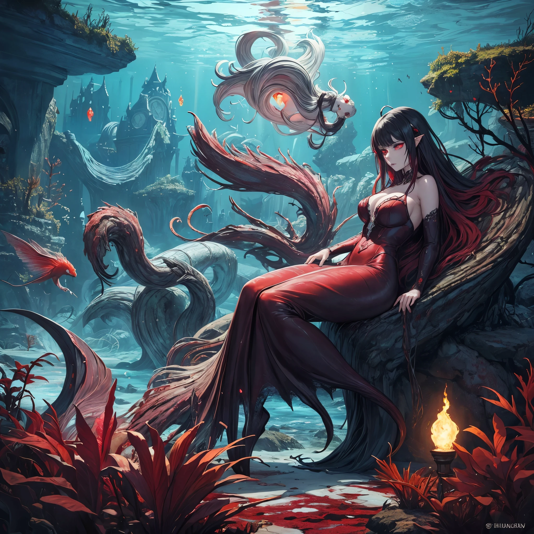 high details, best quality, 16k, [ultra detailed], masterpiece, best quality, (extremely detailed), full body, ultra wide shot, RAW, photorealistic, dark fantasy art, dnd art, rpg art, realistic art, an ultra wide picture of a vampiric mermaid (1.5 intricate details, Masterpiece, best quality) blood mage casting ((blood control spell)), blood wizard ((blood magic, intense magic details)), ((controlling a swirling mass of blood)) underwater, magical symbols GlowingRunes_pink, female vampiric mermaid, pale skin, black hair, long hair, swirling hair, lower body tail fin, intense eyes, red eyes, small (( red eyes)), ((glowing eyes)), wearing sea shell clothing, beautiful dark mermaid, underwater background, rich underwater life, ((magical atmosphere)), fish and sea weeds, high details, best quality, highres, ultra wide angle