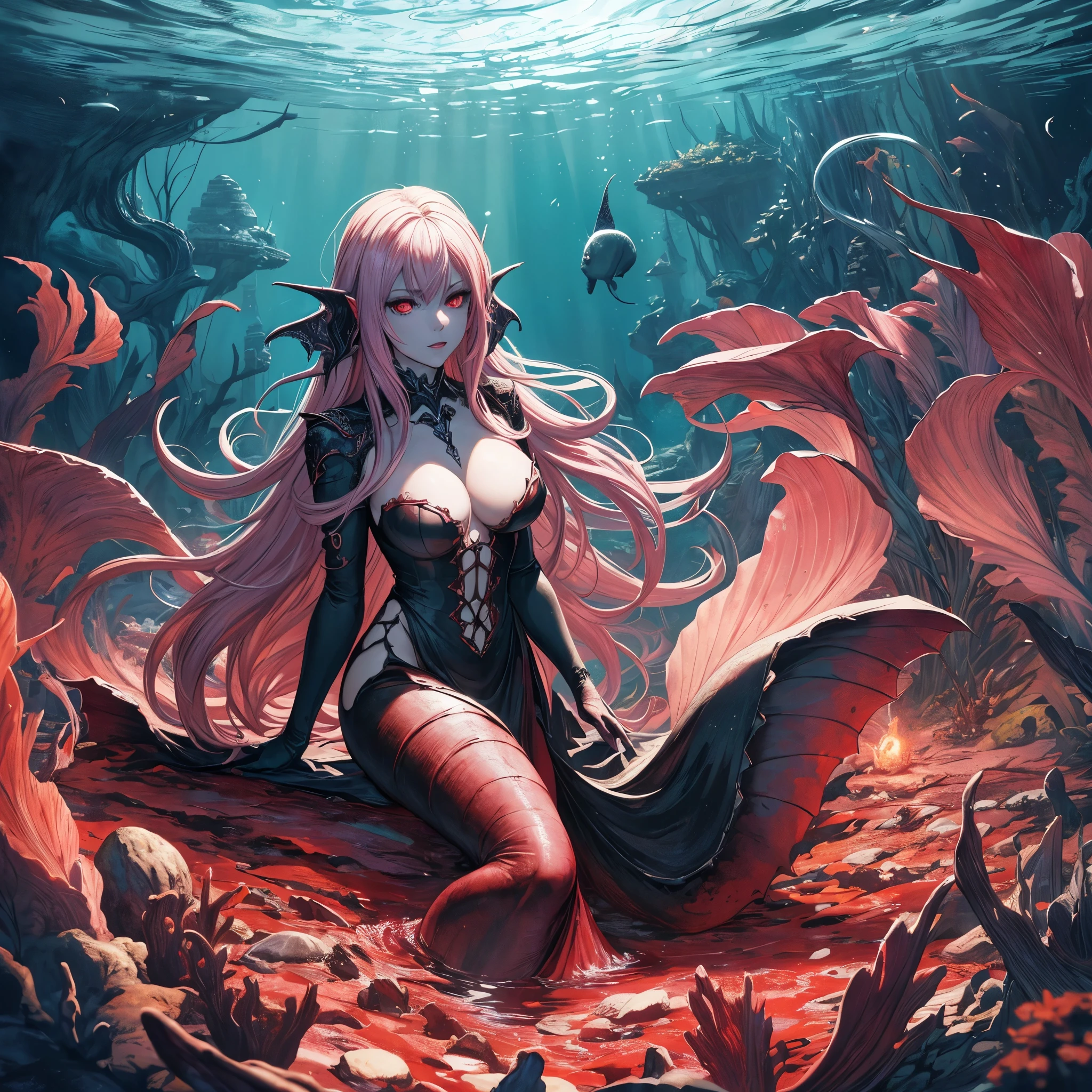 high details, best quality, 16k, [ultra detailed], masterpiece, best quality, (extremely detailed), full body, ultra wide shot, RAW, photorealistic, dark fantasy art, dnd art, rpg art, realistic art, an ultra wide picture of a vampiric mermaid (1.5 intricate details, Masterpiece, best quality) blood mage casting ((blood control spell)), blood wizard ((blood magic, intense magic details)), ((controlling a swirling mass of blood)) underwater, magical symbols GlowingRunes_pink, female vampiric mermaid, pale skin, black hair, long hair, swirling hair, lower body tail fin, intense eyes, red eyes, small (( red eyes)), ((glowing eyes)), wearing sea shell clothing, beautiful dark mermaid, underwater background, rich underwater life, ((magical atmosphere)), fish and sea weeds, high details, best quality, highres, ultra wide angle