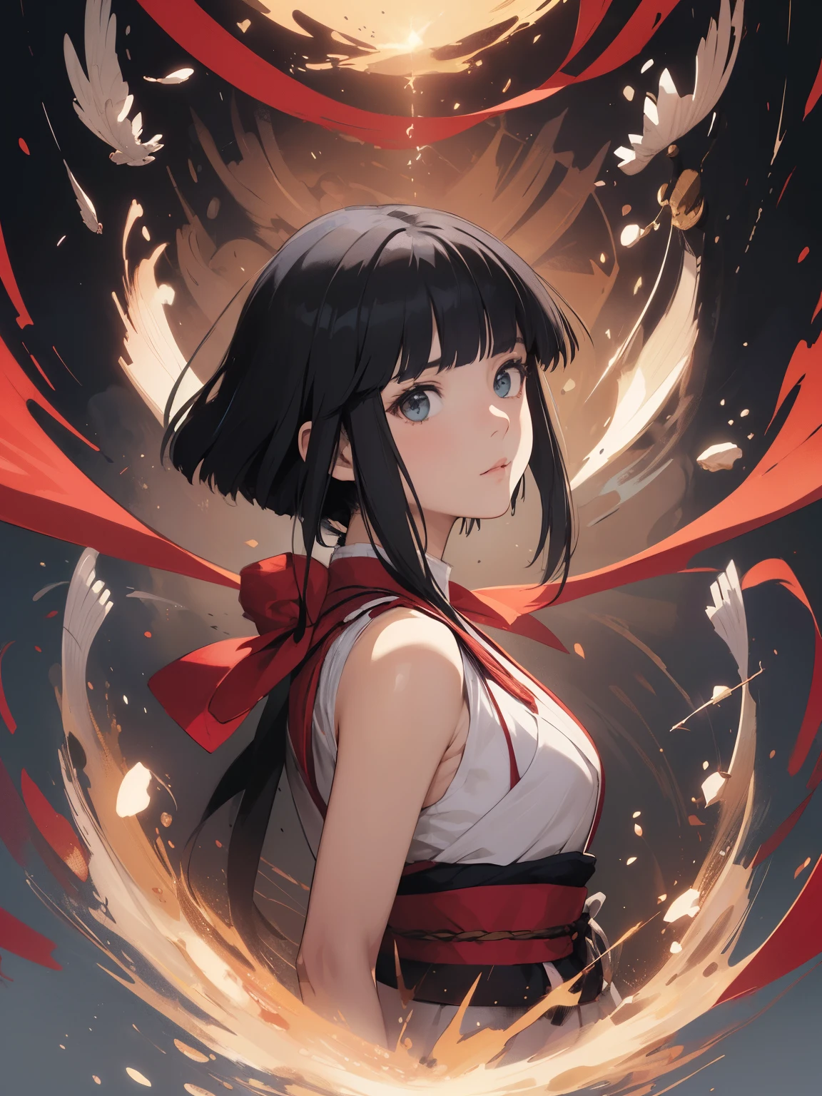 (Fantasy illustration:1.5), (One:1.2), (anime,8K,masterpiece, top quality, Best quality,beautiful and aesthetically pleasing:1.2,professional illustration:1.1,Ultra detail:1.3,perfect lighting), extremely detailed, as detailed as possible, incredibly absurd, a high resolution, Ultra detailed, difficult:1.6, (girl), very detailed beautiful face and eyes, Beautiful hair, Bob Hair, blunt bangs, (Black hair:1.4), (Red ribbon at the back of the head:1.2), ( Nakoruru Samurai Shodown Costume:1.2), leather kirakira, (abstract:1.2), cute, morning, (short stature,medium breasts), A sense of speed, Dagger Master,