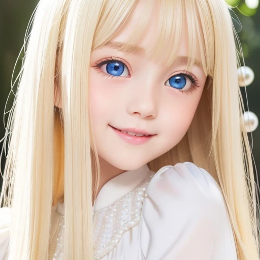 ((Super long silky bright pearl blonde hair))、Pretty bright marine blue eyes、10 year old adorable beautiful girl、cute face、long bangs between the eyes,、white and beautiful skin、glowing skin、gross face、cheek gloss、small face beauty、Big eyes、bright look、((Very happy smile))、Embarrassed blush